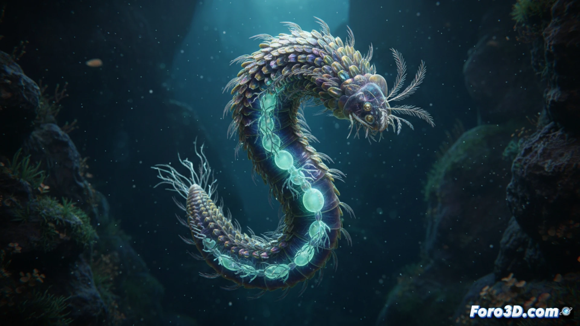 Gusano Iskra iridiscente y bioluminiscente, modelo 3D científico de Photinopolynoe iskrae, resplandor marino