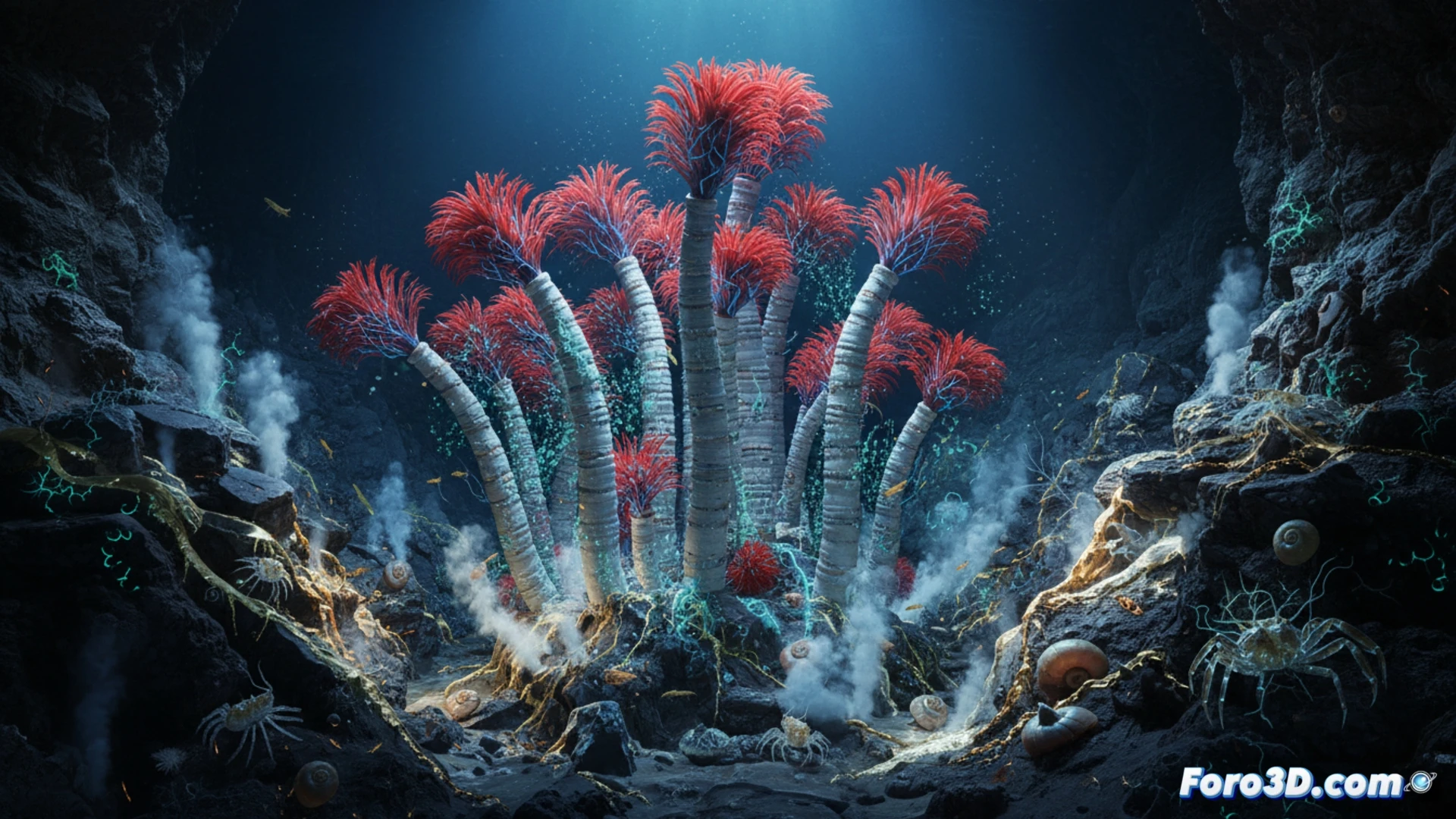 Modelo 3D del gusano tubícola Escarpia en jardín de tubos calcáreos con bacterias quimiosintéticas internas