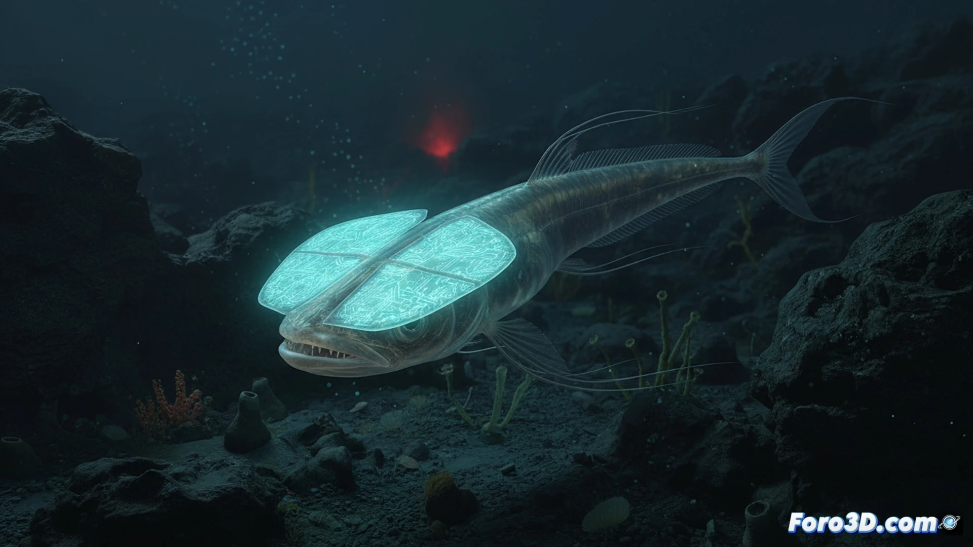 Ilustración 3D del Ipnops sp. mostrando sus placas fotosensibles planas en el cráneo, hábitat abisal oscuro