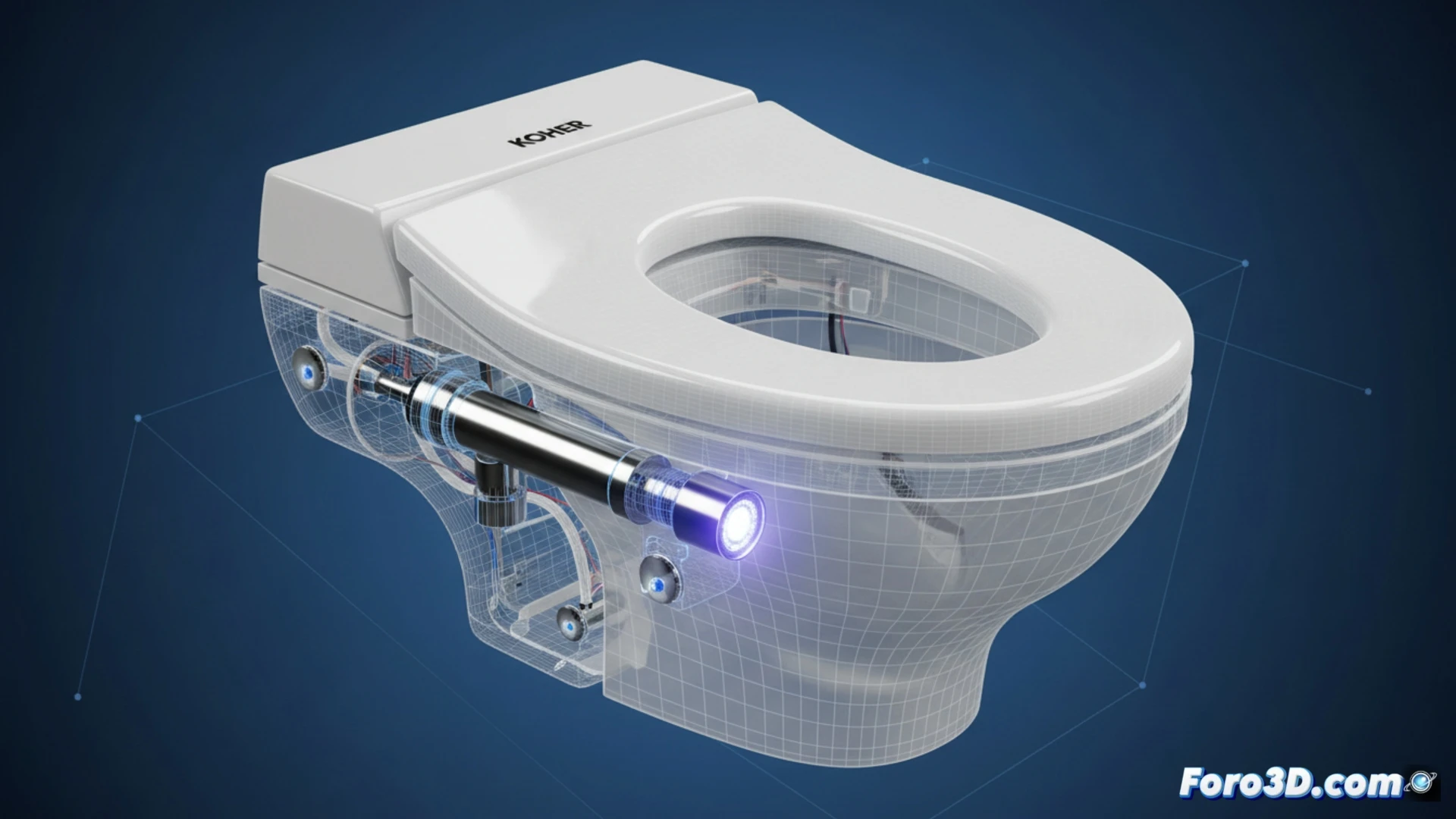 Modelado 3D de asiento inteligente Kohler PureWash E930 con sensores, boquillas y lámpara UV-C en sección explotada