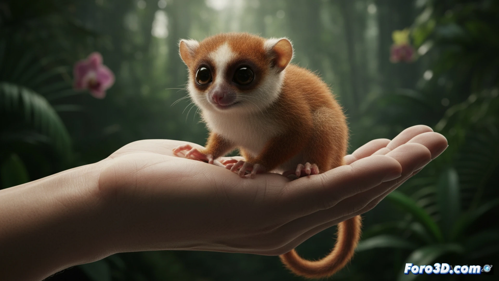 Modelado 3D detallado del Microcebus jonahi, primate más pequeño del mundo, sobre una palma humana en selva de Madagascar