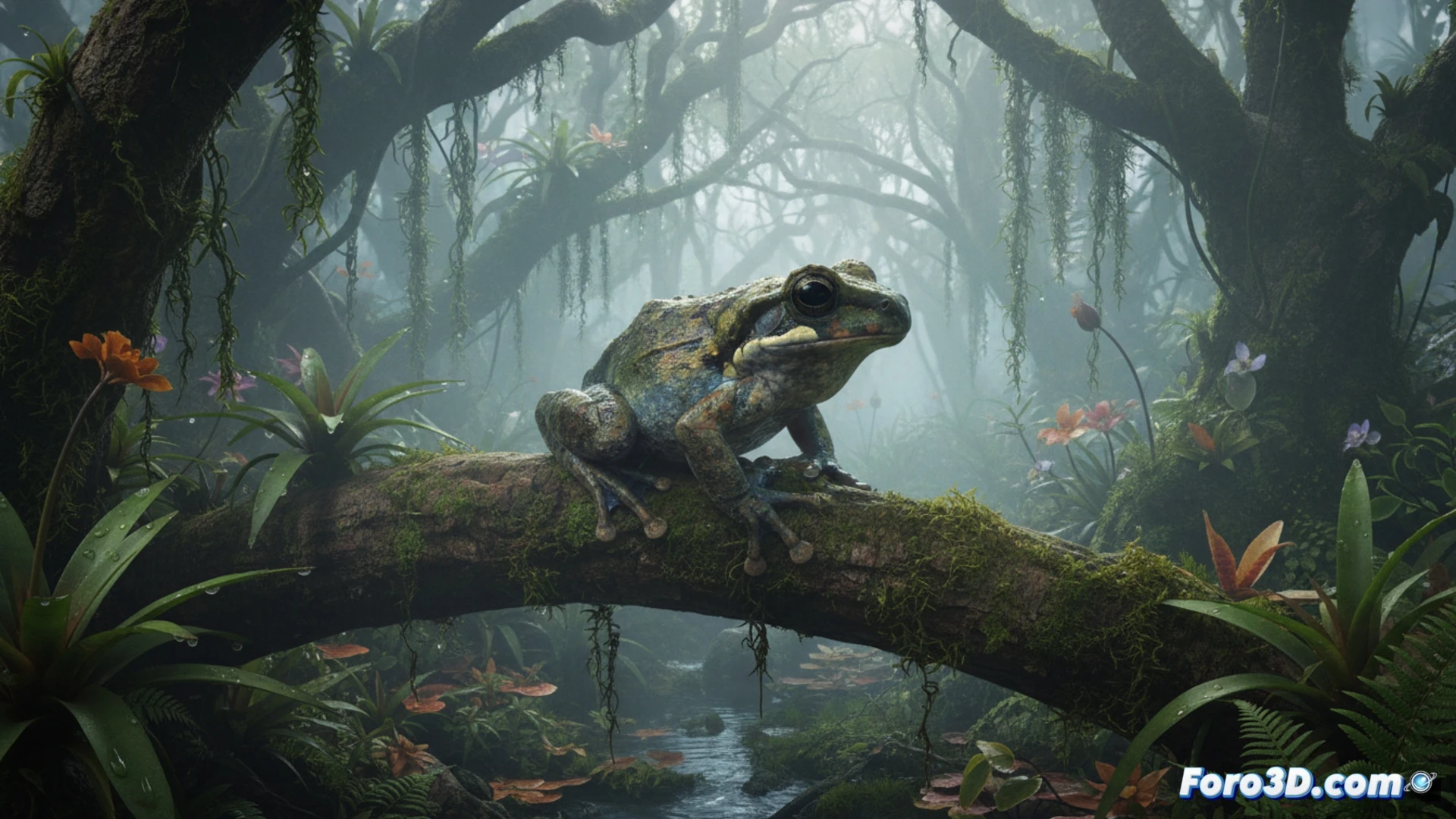 Modelado 3D de Pristimantis ledum cambiando pigmentación para camuflarse en musgo y hojas de bosque nuboso