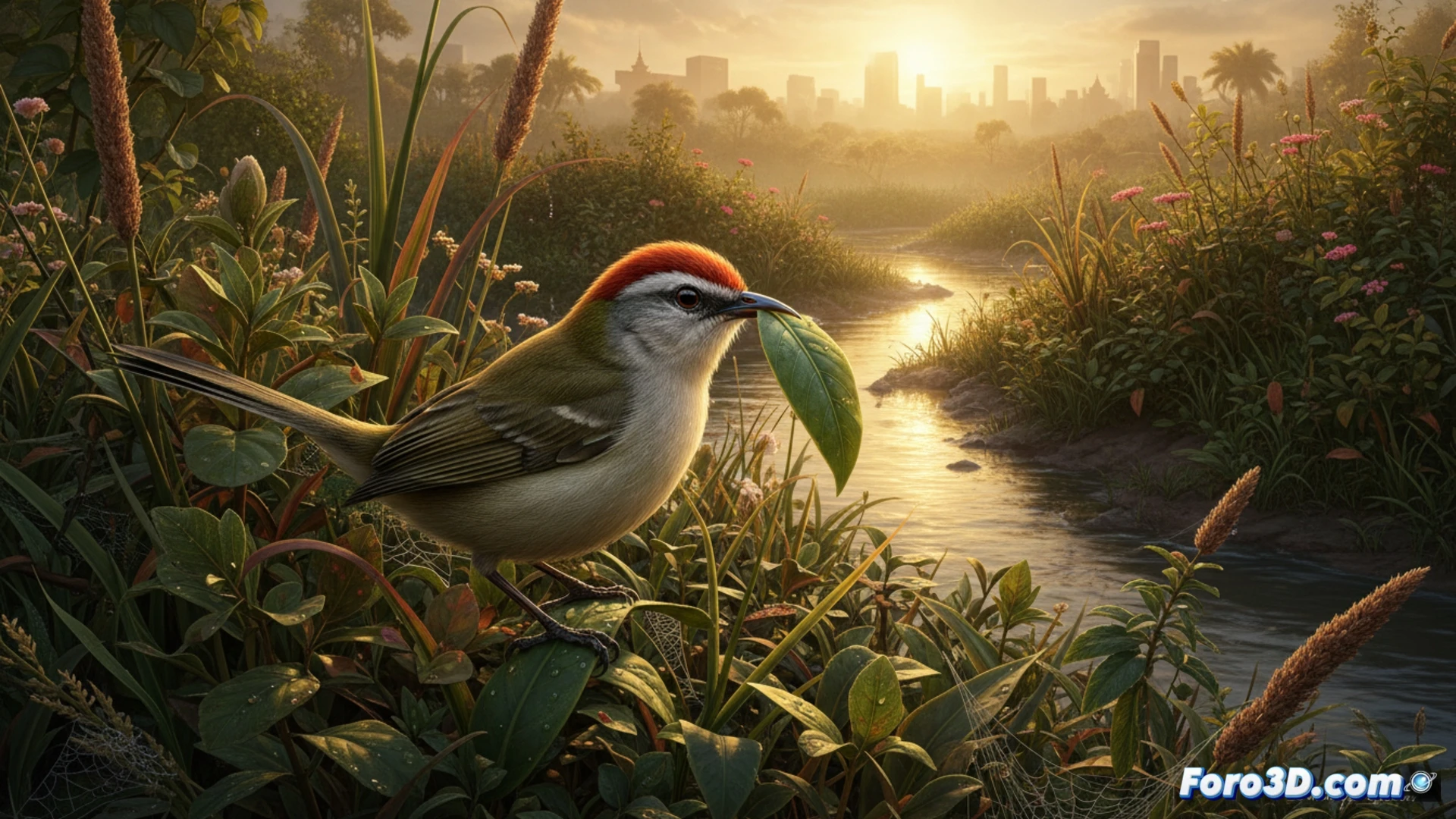 Modelado 3D del pájaro sastre de Camboya con detalles de plumaje y hábitat de matorral ribereño