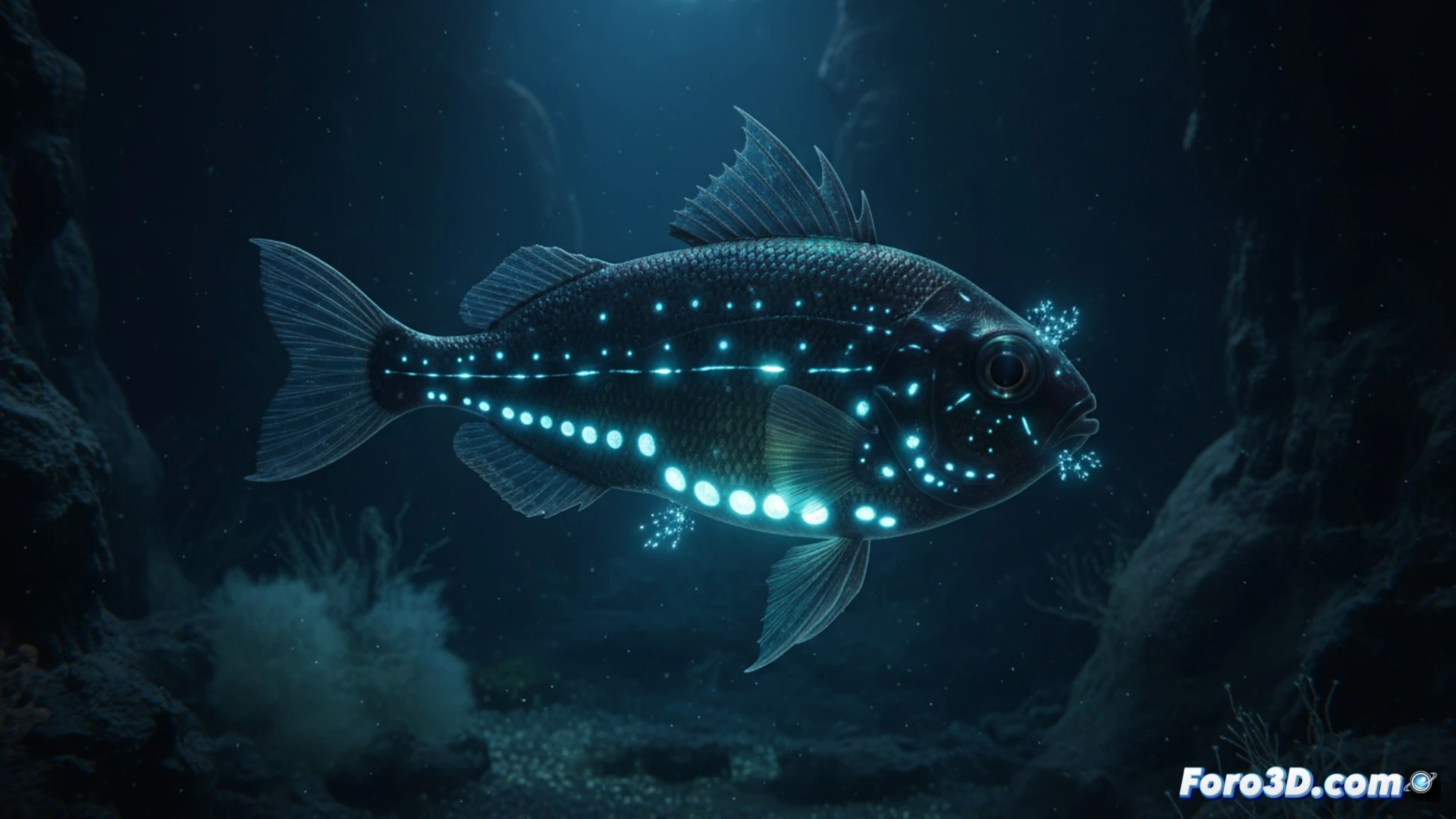[Visualización científica del Pez Linterna de Atacama con fotóforos bioluminiscentes en su anatomía abisal]