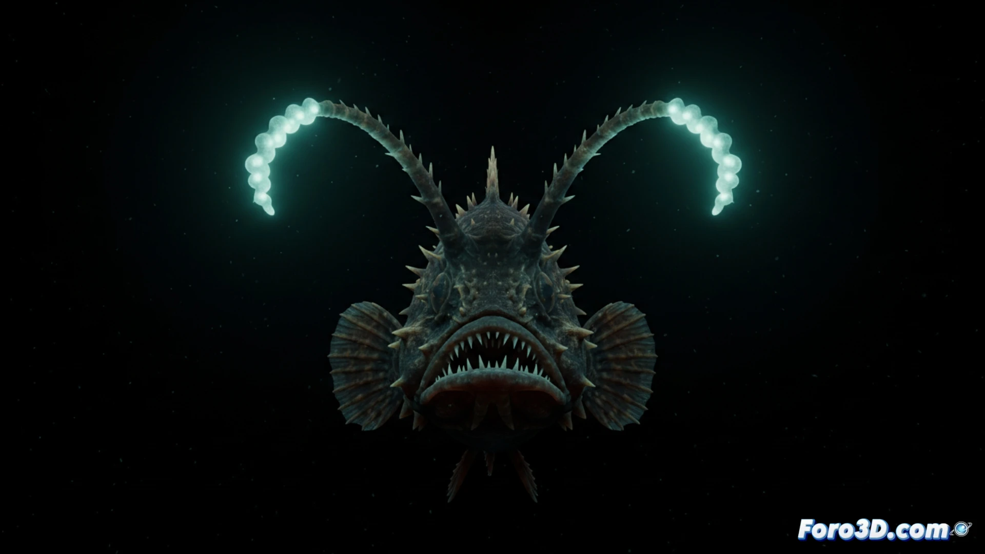Modelado 3D del pez pescador abisal Gigantactis paresca con dos señuelos bioluminiscentes en fondo oceánico oscuro