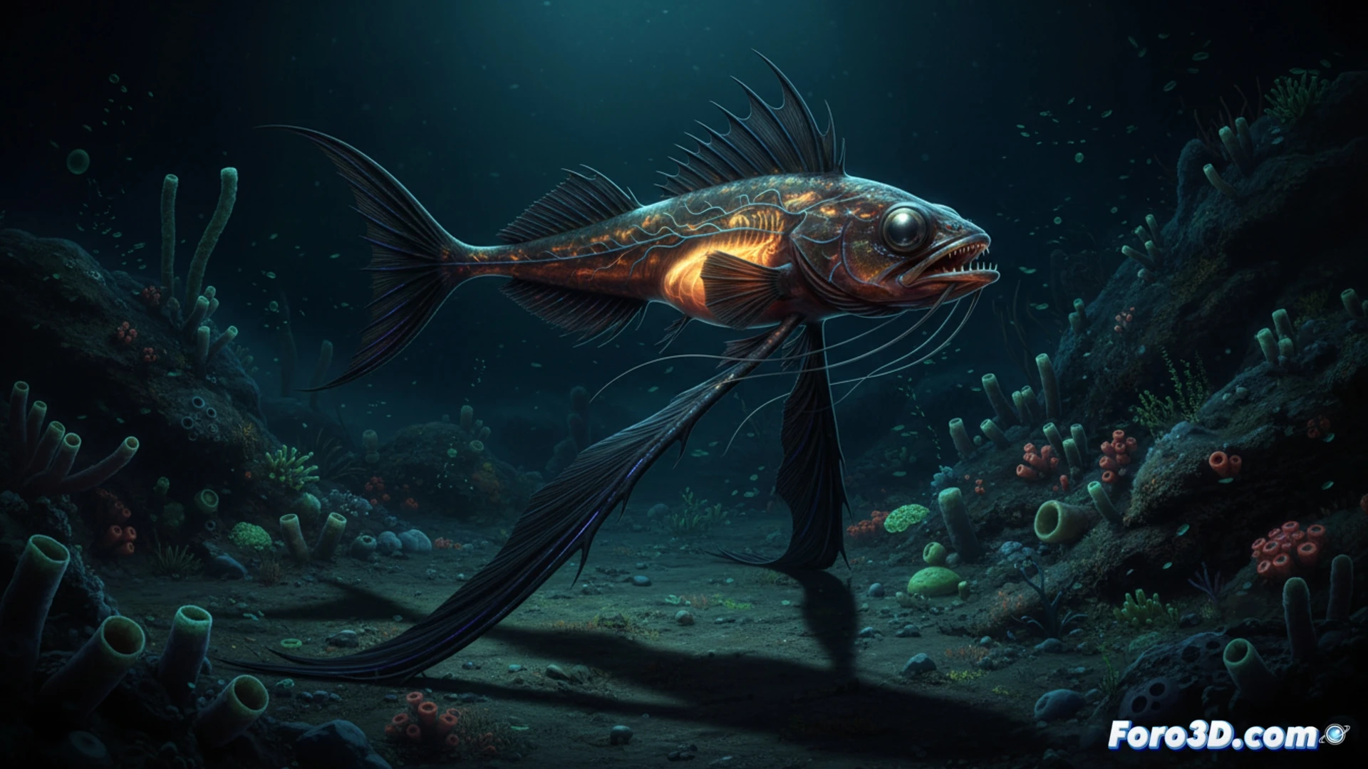 Pez trípode abisal de aletas negras en fondo oceánico oscuro con sedimentos y luz bioluminiscente tenue
