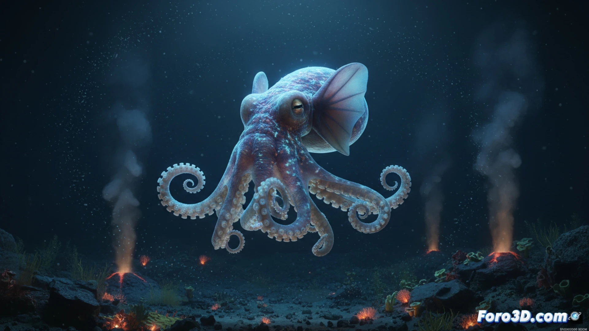 Modelado 3D del pulpo Dumbo en la Fosa de Java, visualización científica de cefalópodo abisal