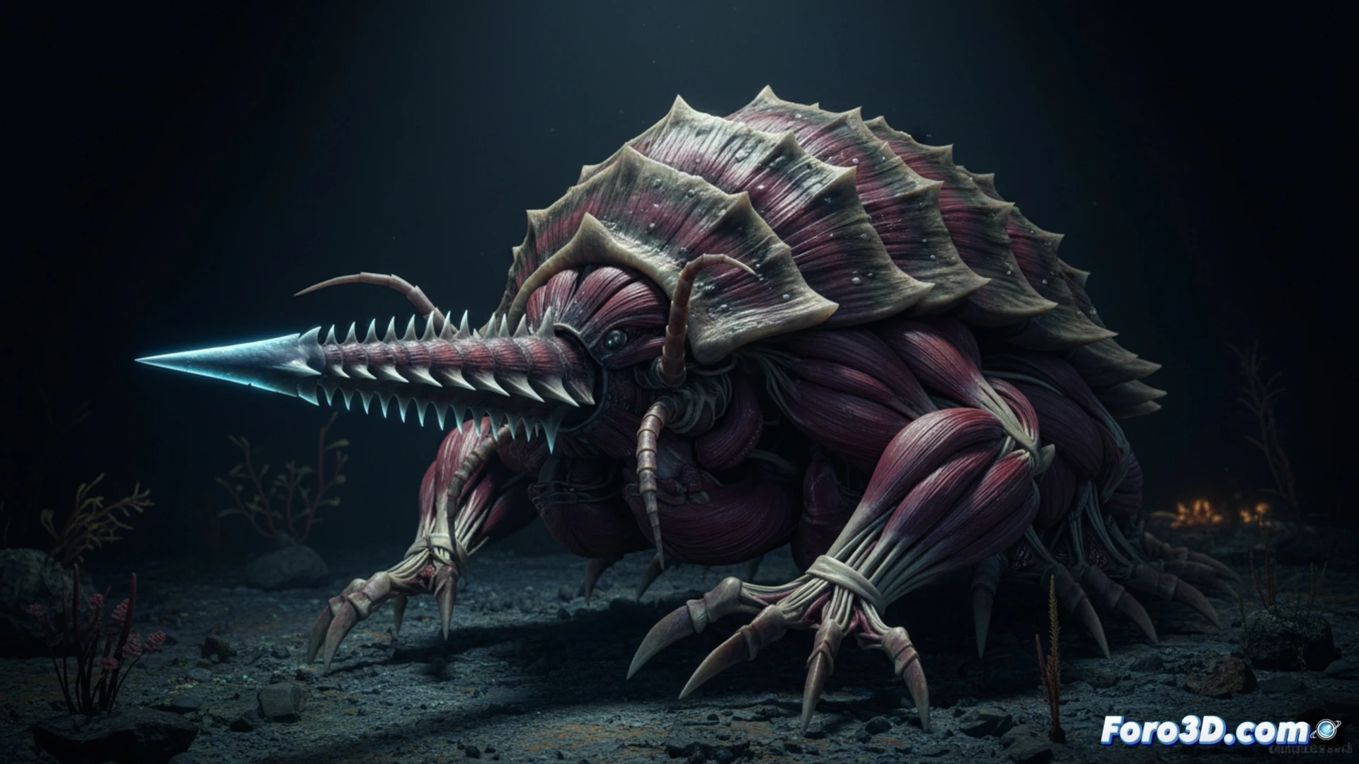 Modelo 3D de quitón carnívoro abisal con rádula tipo arpón y caparazón armadura biomecánica