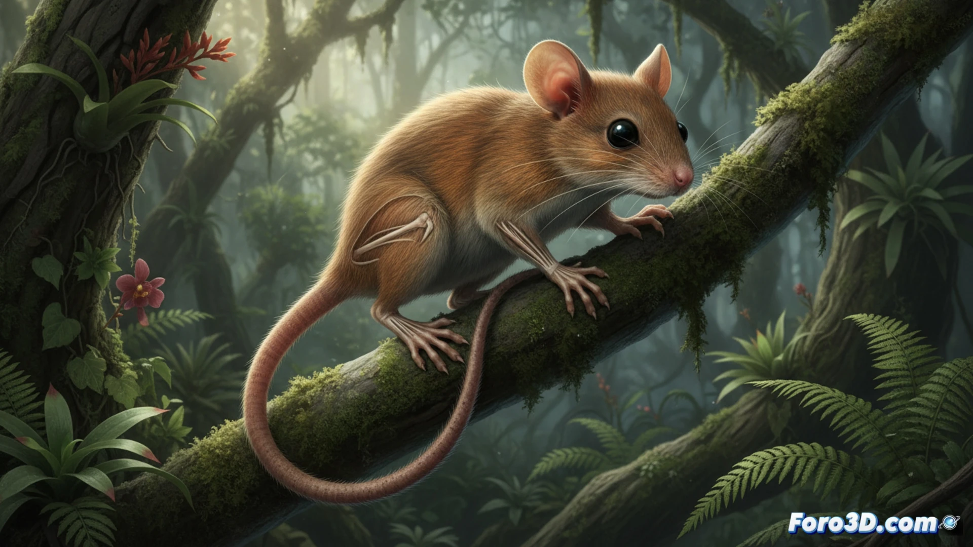 Modelo 3D del roedor Thomasomys salome mostrando su anatomía adaptada a la vida arbórea en bosques nubosos andinos