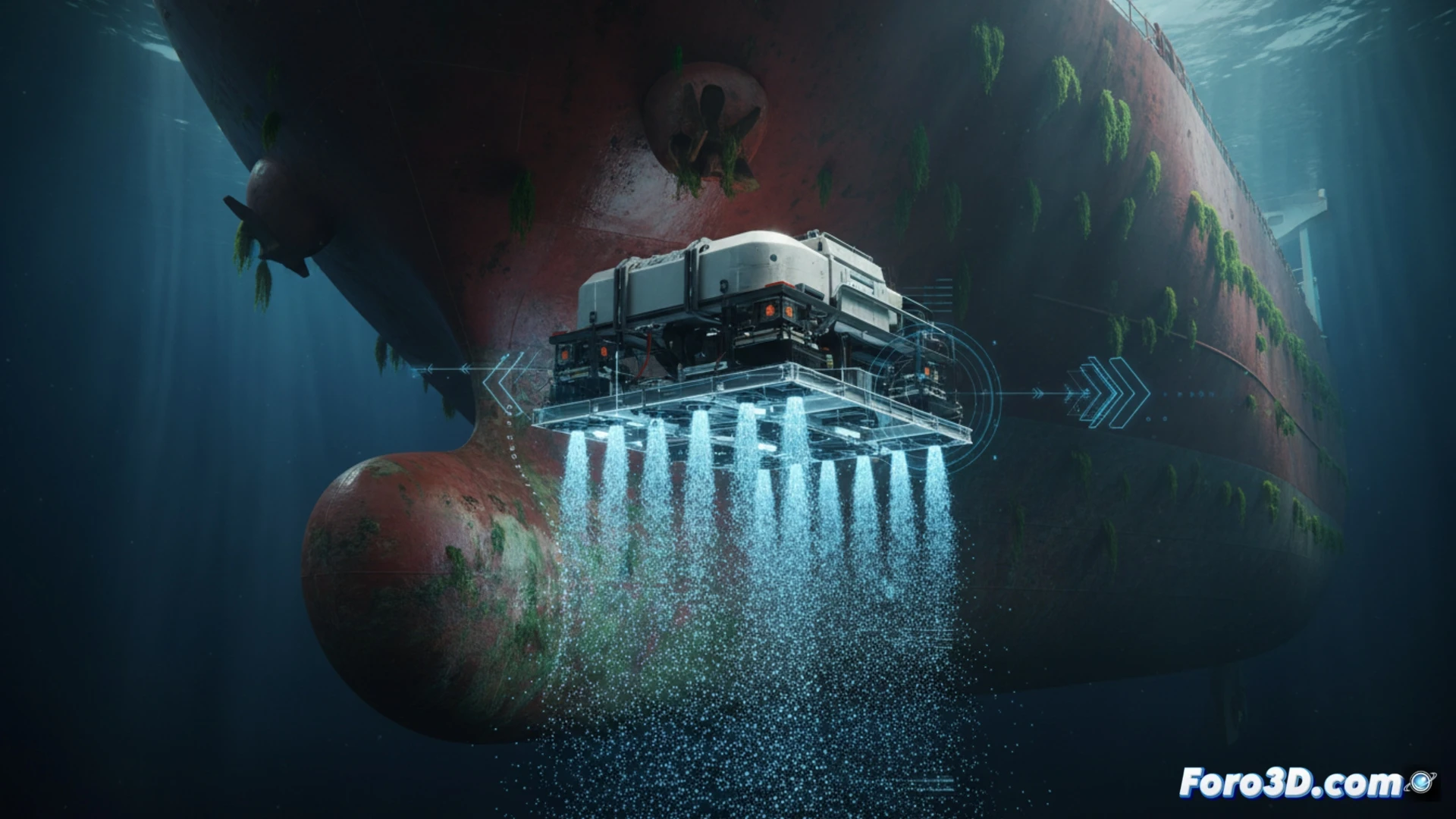 ROV HullWiper limpiando casco de barco con chorros de agua a alta presión en simulación 3D submarina