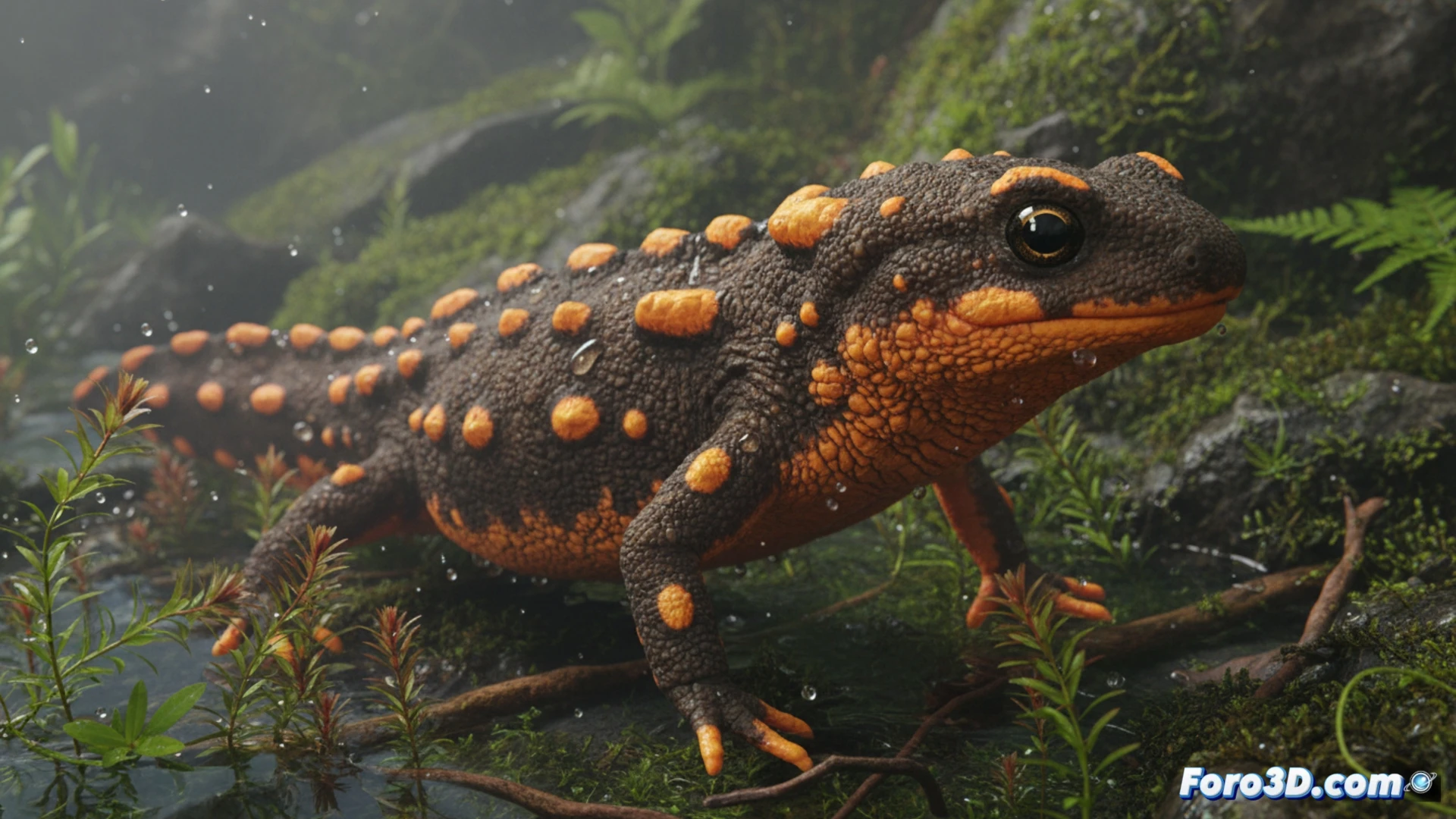 Modelo 3D del Tritón de Zaimeng, Tylototriton zaimeng, mostrando su anatomía y protuberancias naranjas en humedal selvático.