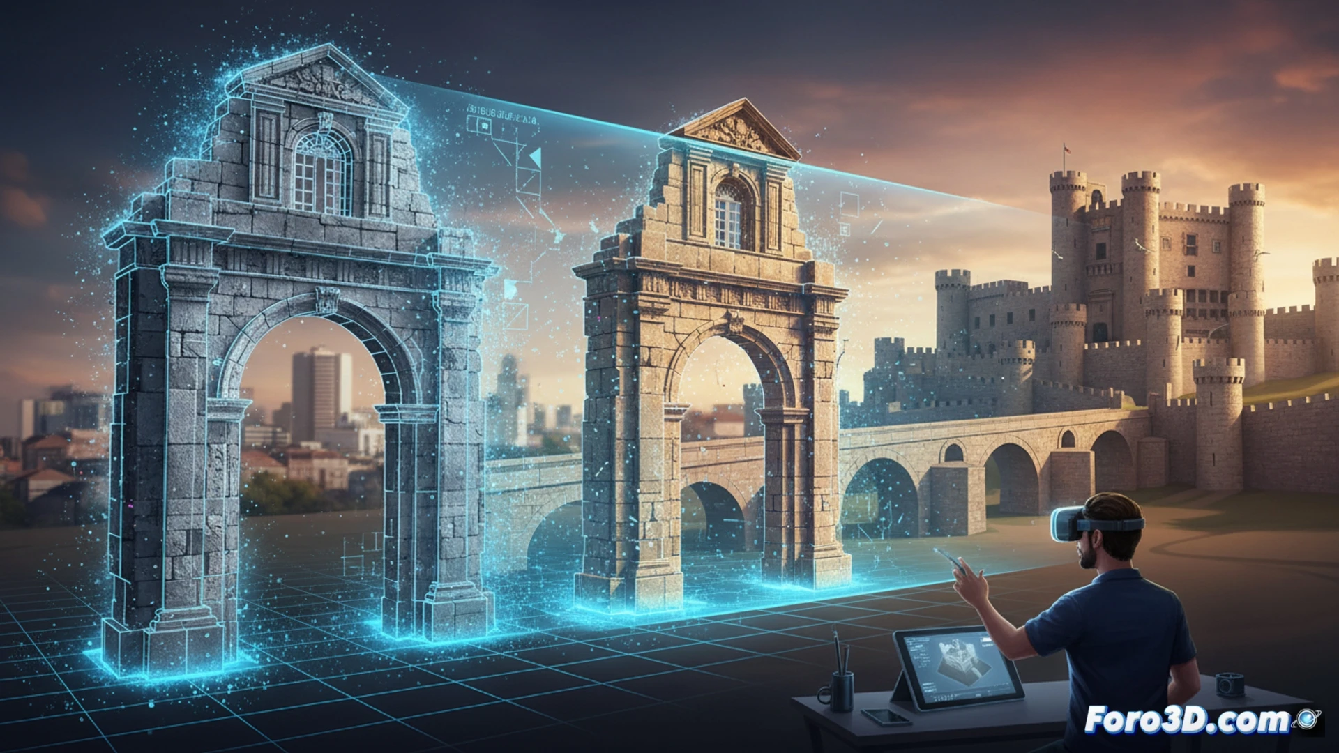 photorealistic architectural visualization, medieval stone bridge being digitally reconstructed on a large monitor screen, 3D modeling software interface visible, wireframe structures merging into solid textures, historic Ourense buildings fading from sepia photographs into full-color digital models, designer hands manipulating a stylus over a graphics tablet, floating holographic layers of cathedral arches and Roman walls, cinematic lighting from monitor glow, dusty workshop atmosphere, technical illustration style, ultra-detailed stone textures, blue and orange complementary color scheme