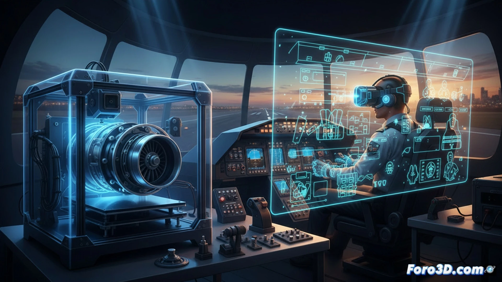 Azafato usa gafas de realidad virtual para practicar apertura de puerta de avión en simulador 3D de cabina con humo.
