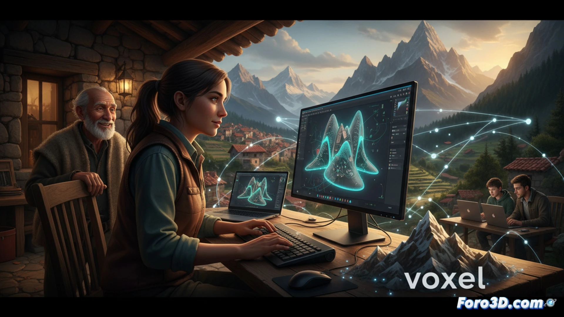 Cinematic wide shot of a rustic stone cottage interior transformed into a digital workshop, a middle-aged man wearing a wool sweater seated at a wooden desk, hands actively manipulating a 3D model of a mountain gear on a large curved monitor, stylus in hand, visible software interface with wireframe mesh and sculpting tools, a 3D printer in the background printing a small figurine, warm sunlight streaming through a window framing snowy peaks outside, photorealistic architectural visualization, warm natural lighting contrasting with cool blue screen glow, dust particles floating in light beams, detailed texture of rough stone walls and polished metal printer components