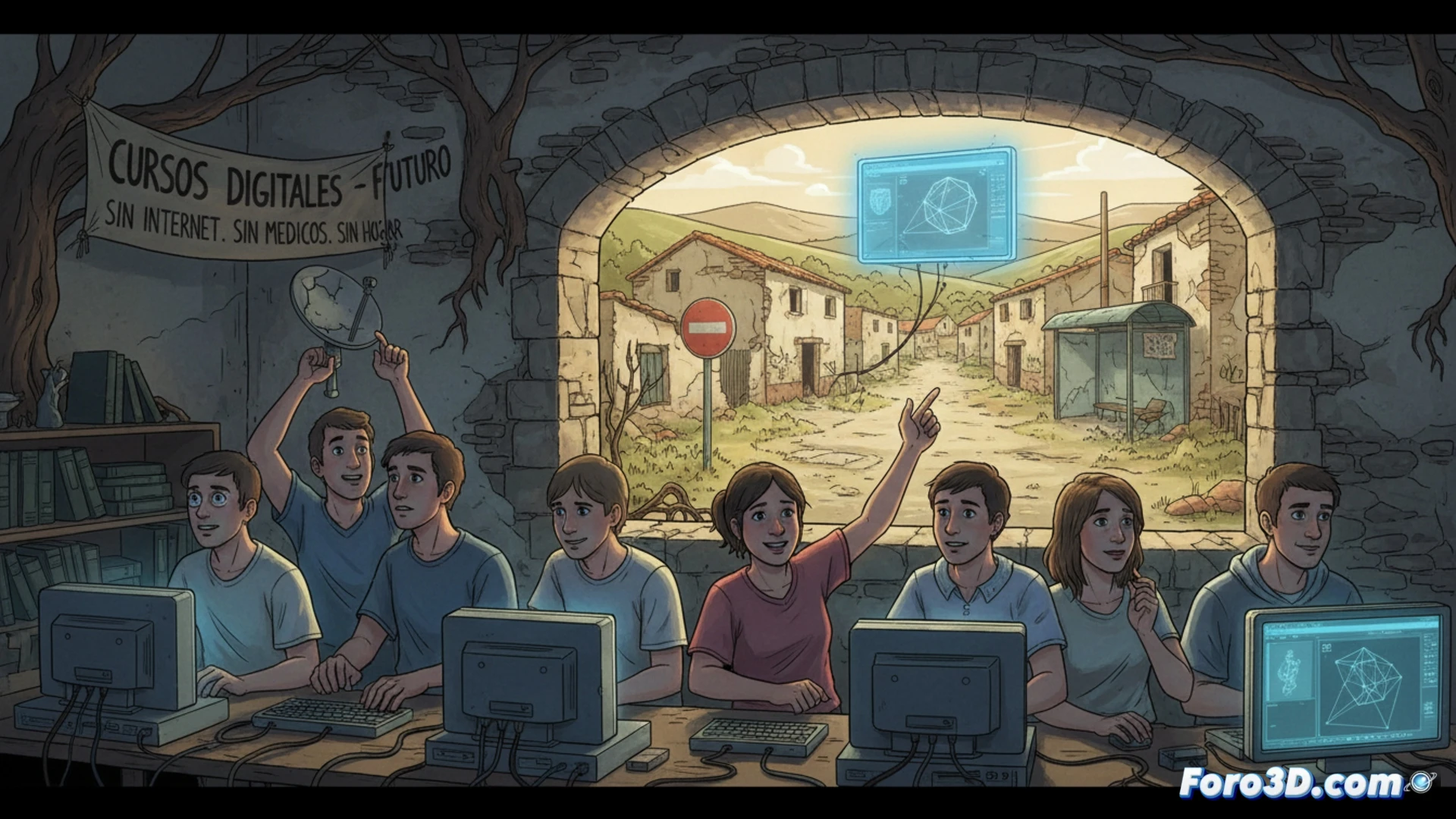 Photorealistic digital art of a solitary 3D modeling workstation in a dusty, empty rural plaza, an elderly man staring at a spinning wireframe 3D cow on a monitor while a broken satellite dish lies on the ground, a bus stop sign covered in cobwebs in the background, abandoned stone houses with missing roofs, a single mouse with a frayed cable, dramatic harsh sunlight casting long shadows, ultra-detailed texture of cracked asphalt and peeling paint, cinematic composition, desolate atmosphere, hyperrealistic technical illustration