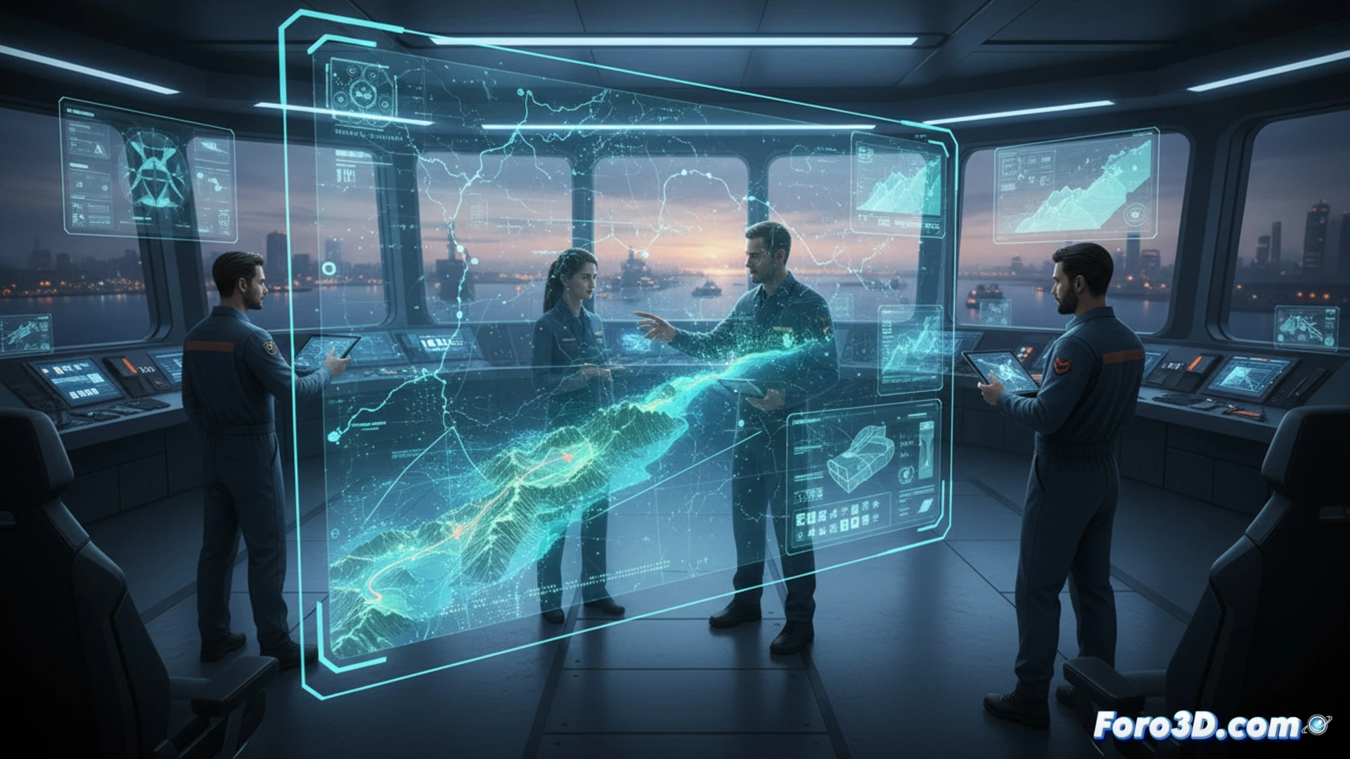 Capitán en puente de mando moderno, con modelo 3D del fondo marino y rutas digitales en pantalla táctil.