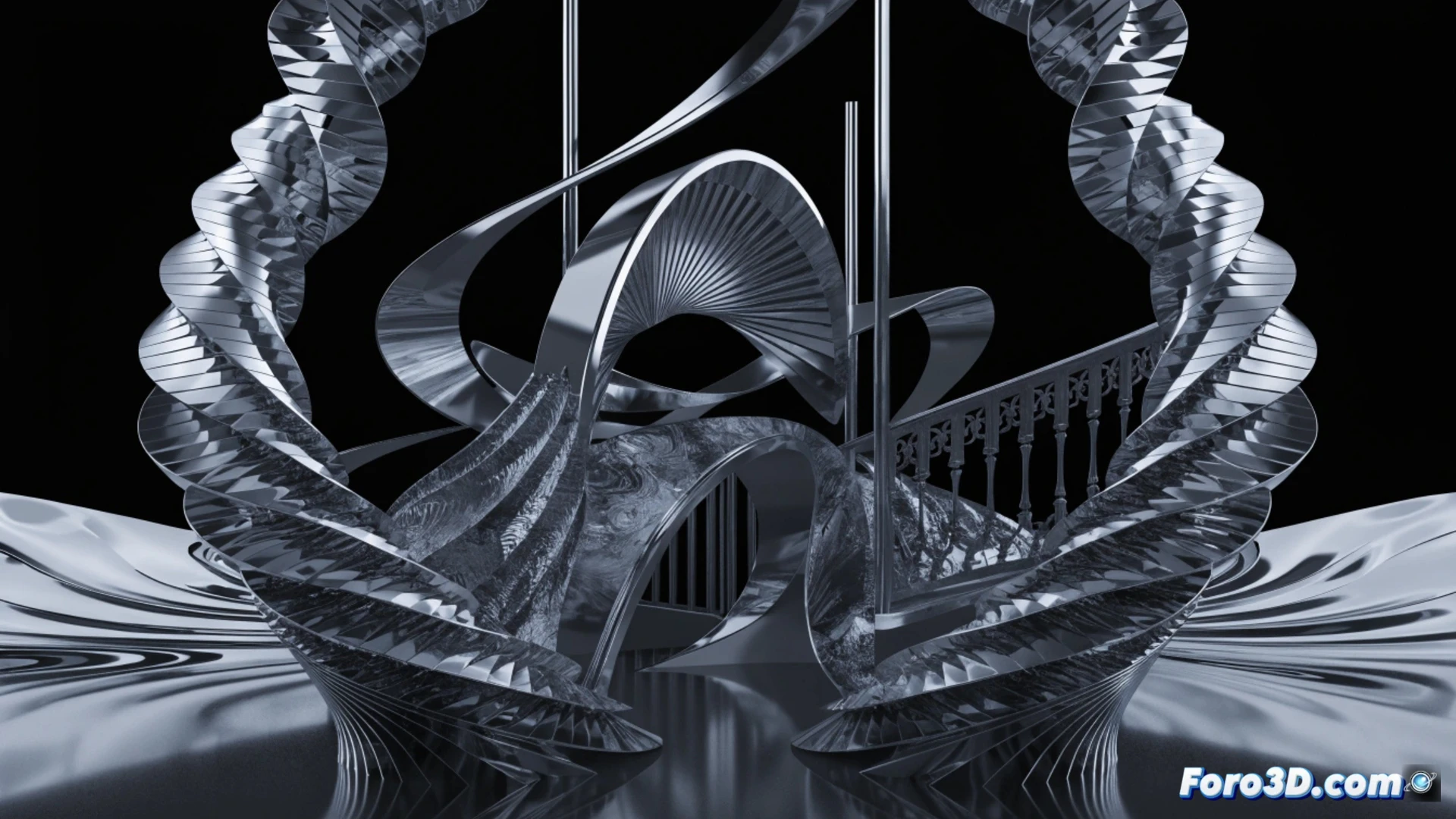 Modelo 3D de escalera caracol metálica en pantalla, junto a carpintero que observa planos digitales, herramientas modernas y acero.