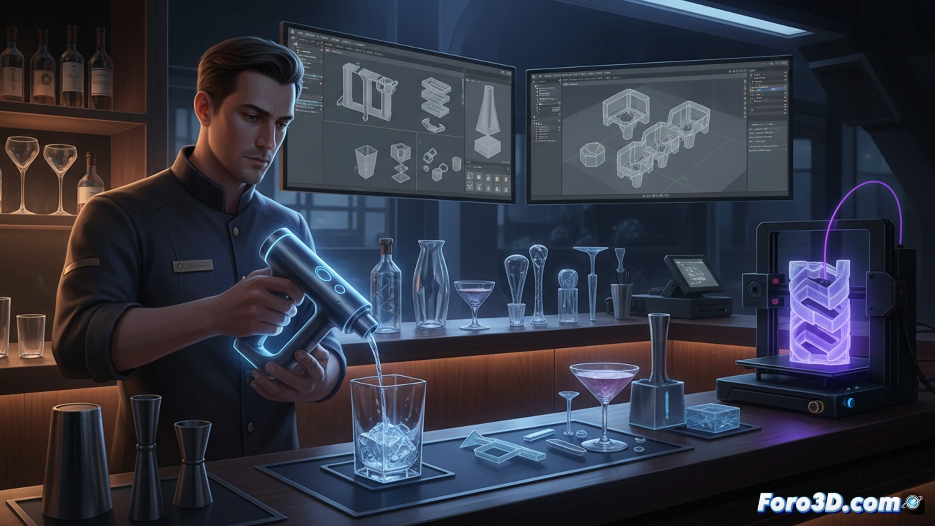 Una coctelera de vidrio y un dosificador impreso en 3D sobre planos de diseño de barra en pantalla.