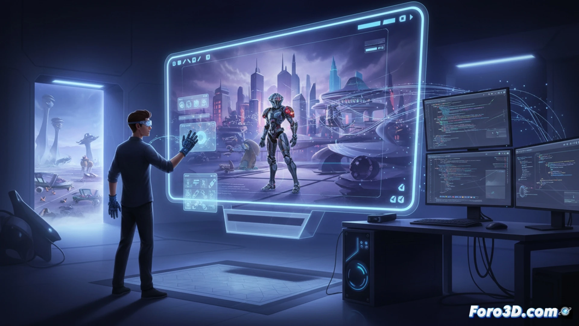 Descripción detallada de la imagen (80-120 caracteres):  
Un desarrollador frente a una pantalla de PC con un modelo 3D de castillo texturizado, rodeado de herramientas de modelado y código.