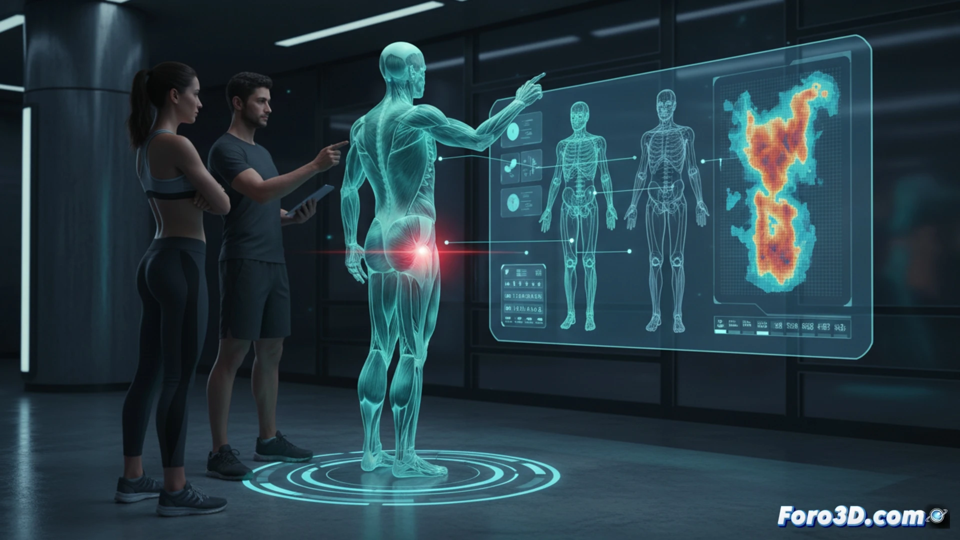 Un entrenador analiza un modelo 3D del cuerpo de un cliente en una tableta, con gráficos anatómicos detallados y rutinas personalizadas.