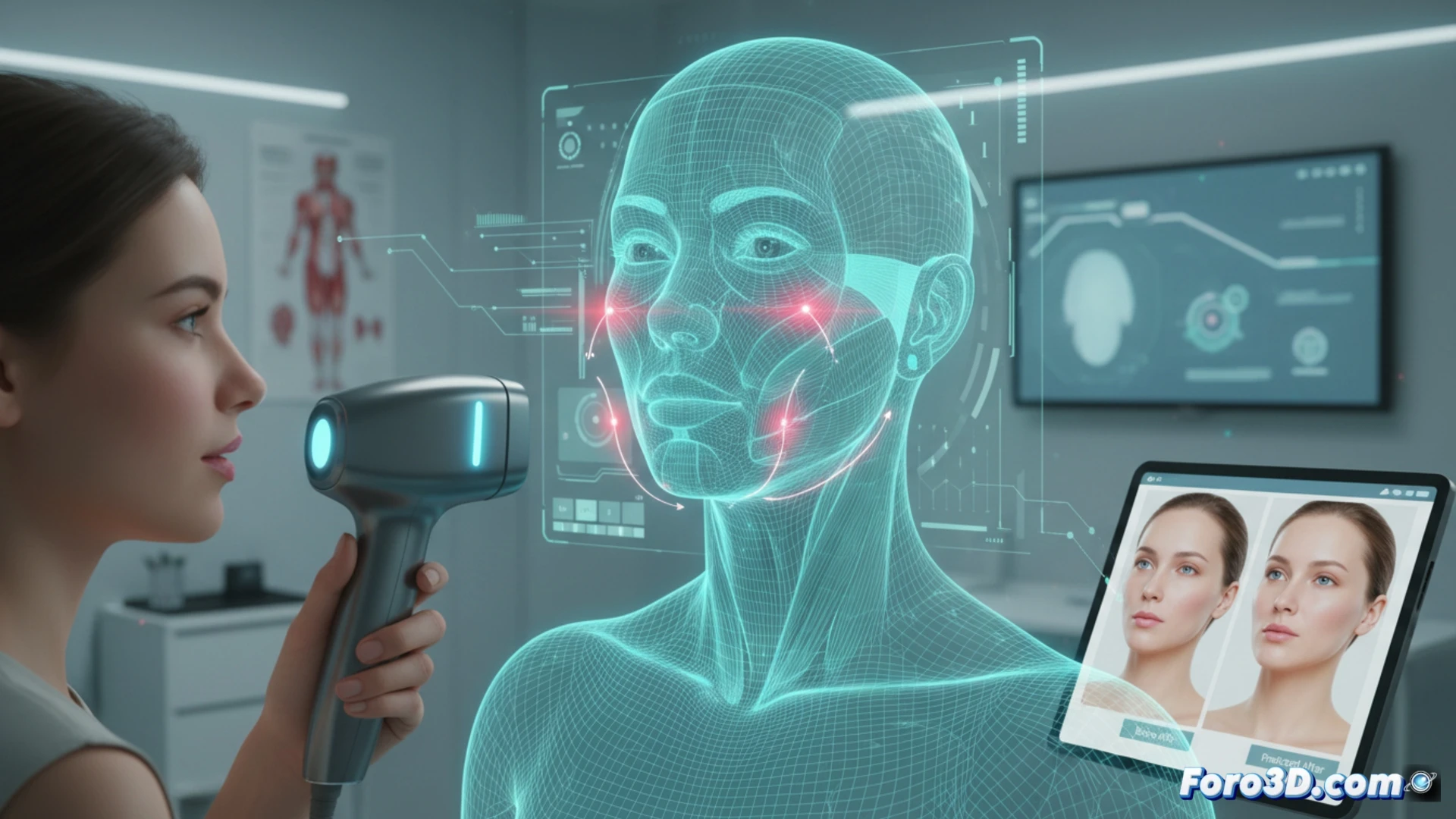 Esteticista usa tablet con modelo 3D de rostro femenino, mostrando zonas de tratamiento y cambios simulados en la piel.