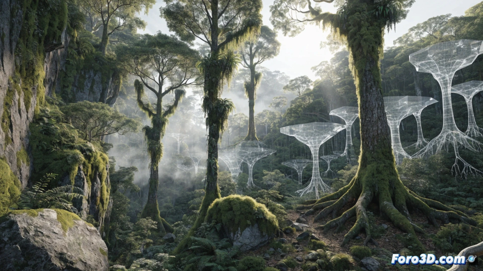 Un ingeniero forestal examina un modelo 3D de un bosque en una tableta, con drones y escáneres láser visibles entre los árboles reales.