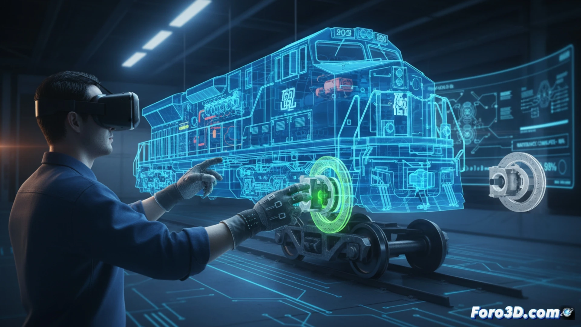 Un maquinista con gafas de realidad virtual manipula un gemelo digital 3D de un freno de tren, simulando mantenimiento sin desmontar piezas reales.