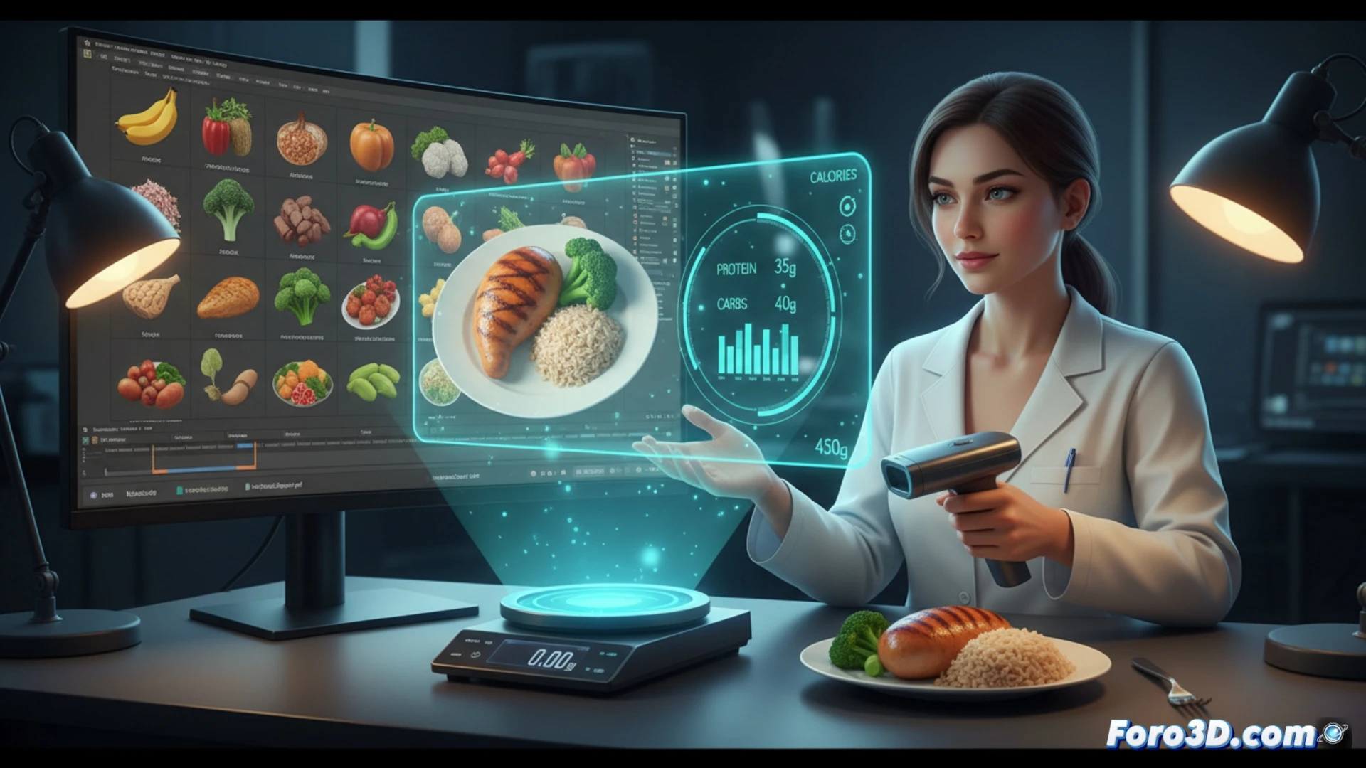 Nutricionista digital modelando porciones 3D con precisión, alimentos escaneados y macros visualizados en pantalla táctil.
