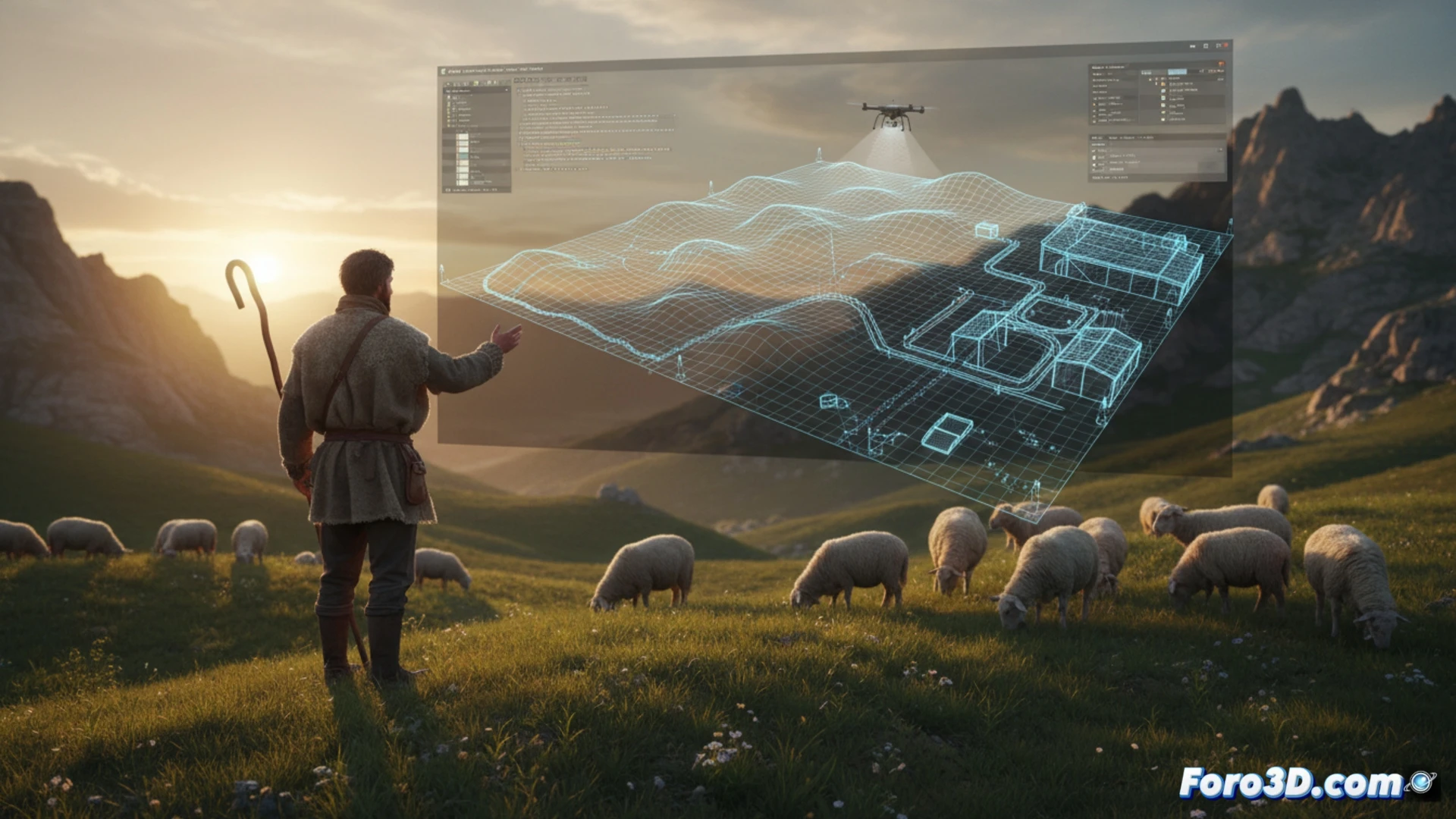Un pastor digital revisa un modelo 3D de su rebaño y pastos en una tableta, junto a ovejas reales en un campo verde con colinas de fondo.