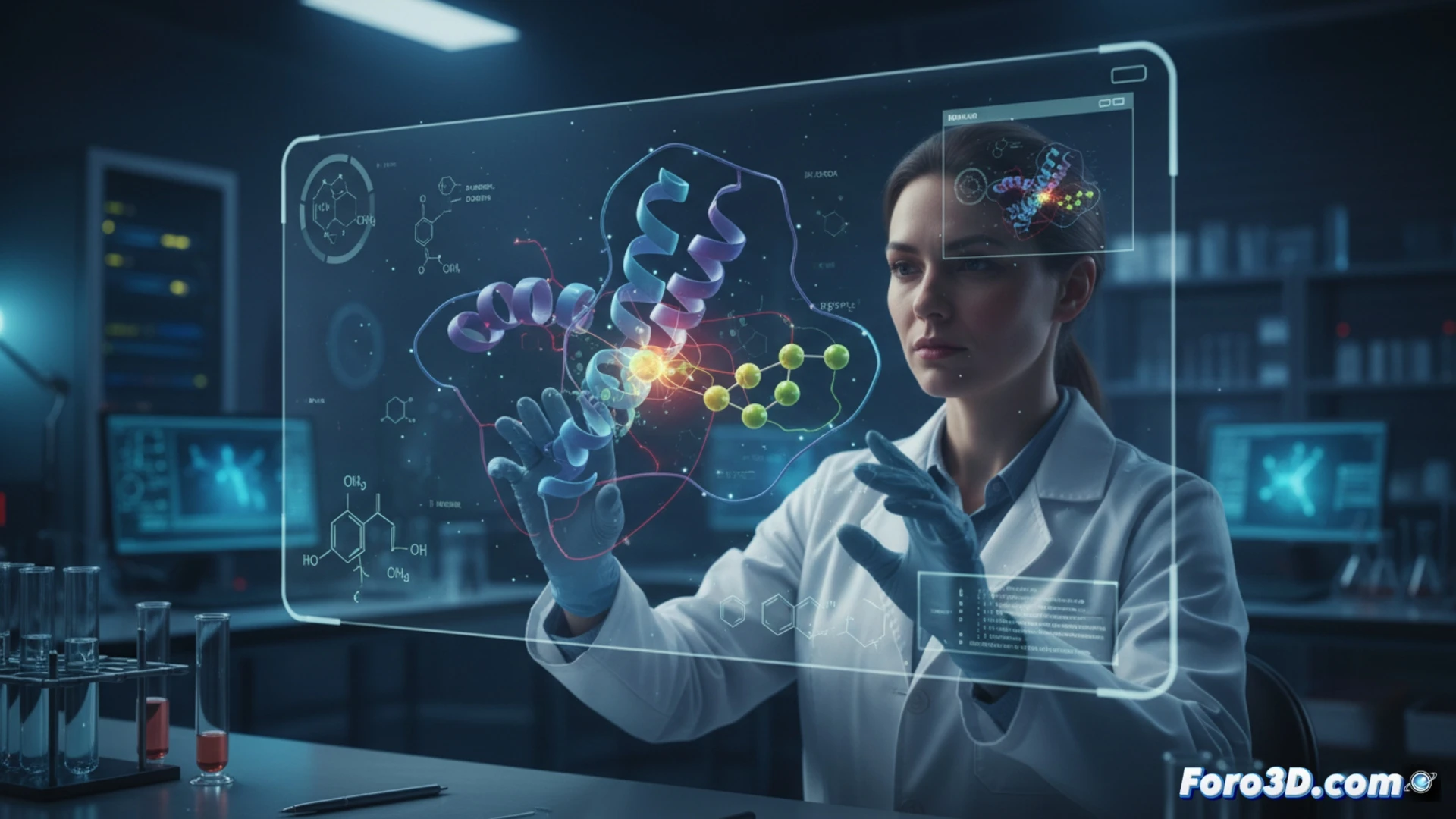 Científico manipulando modelo 3D de molécula sobre pantalla táctil, con enlaces y átomos brillantes en rotación interactiva.