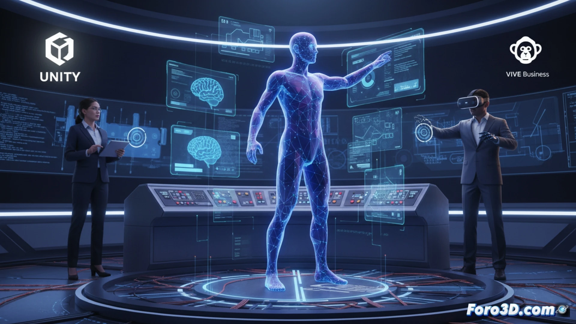 Un gemelo digital de fábrica en 3D muestra a un candidato en VR realizando tareas virtuales, con cascos y guantes hápticos, mientras un reclutador observa en una pantalla.