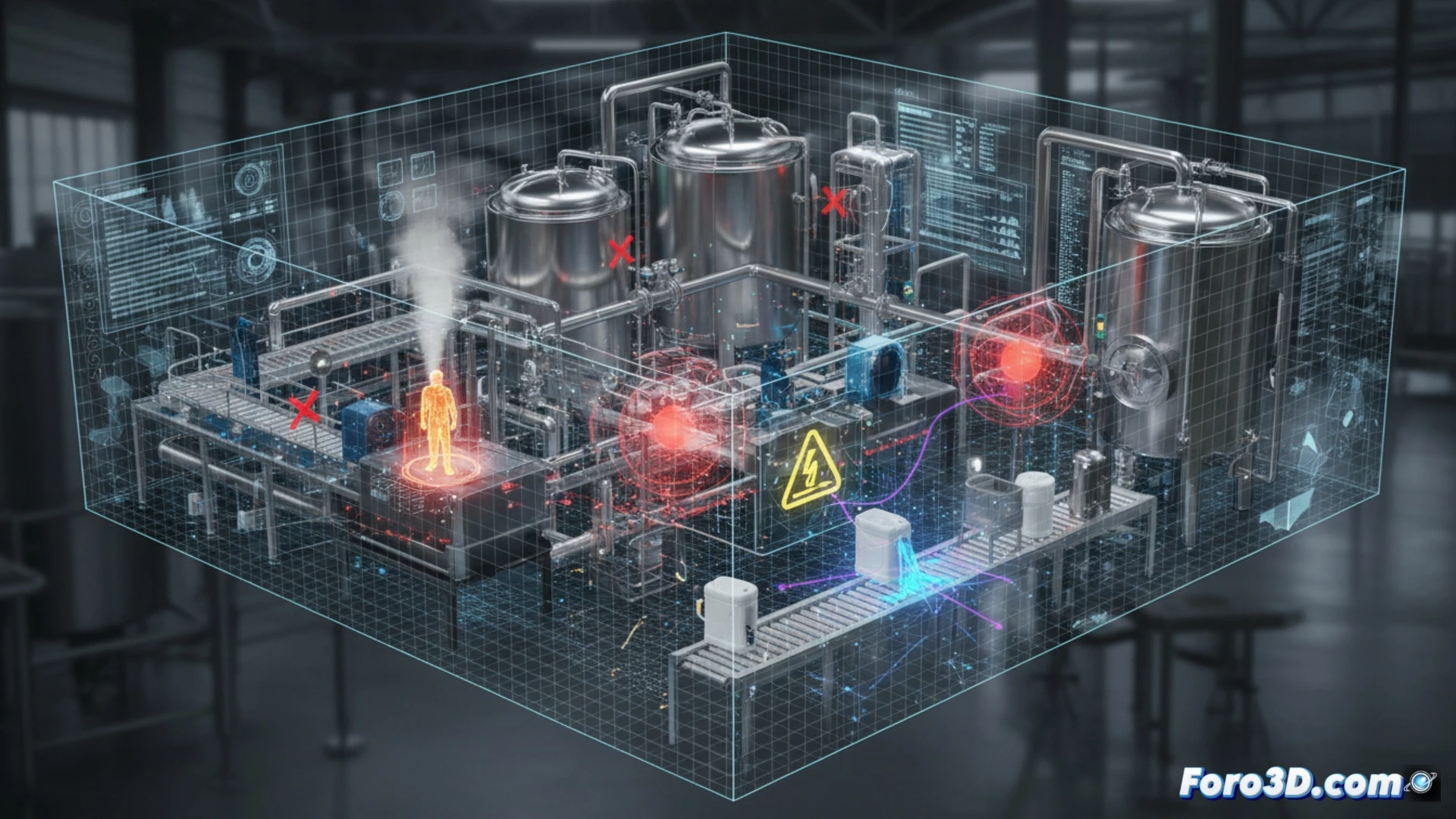 Modelo 3D de planta cervecera industrial con zonas de riesgo señalizadas y flujos de trabajo simulados