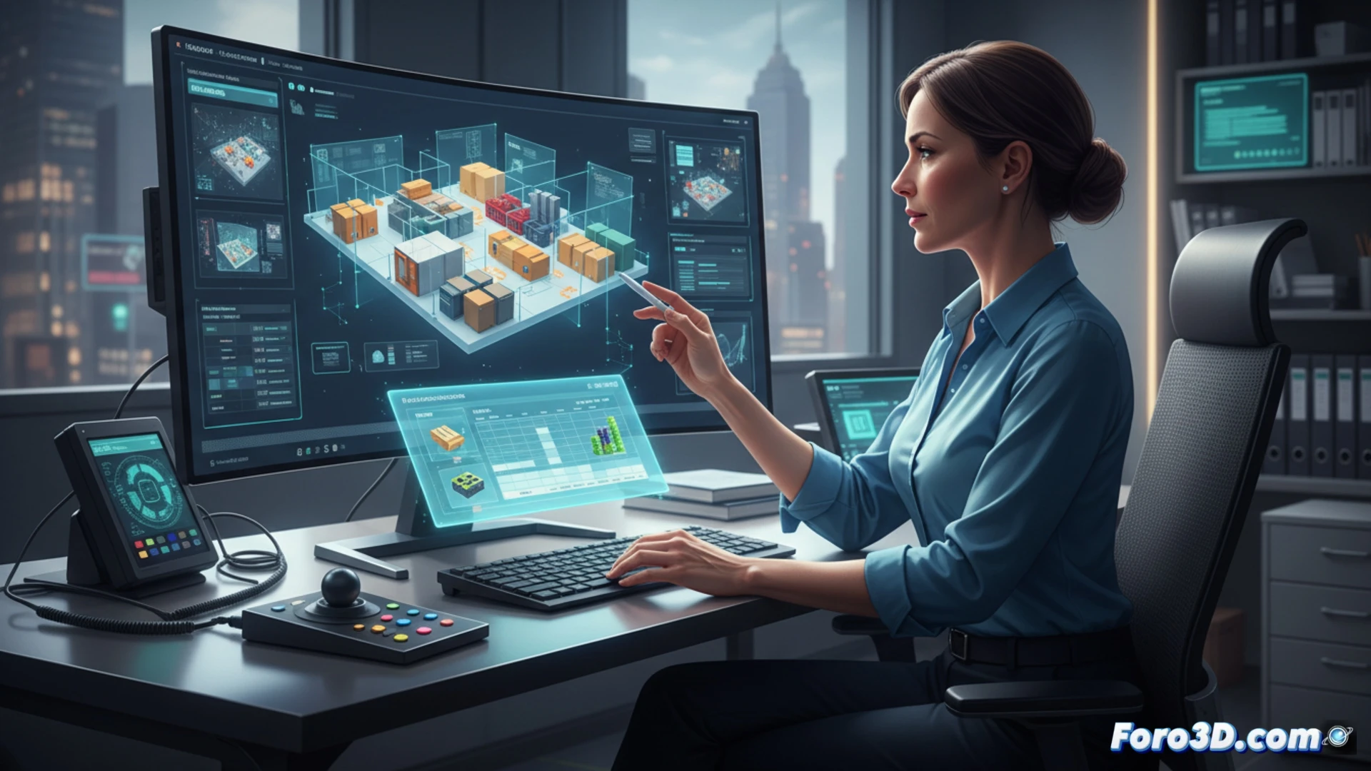 Un técnico administrativo frente a una pantalla con modelos 3D de oficina, planos virtuales y gráficos de inventario, mostrando orden y visualización espacial.