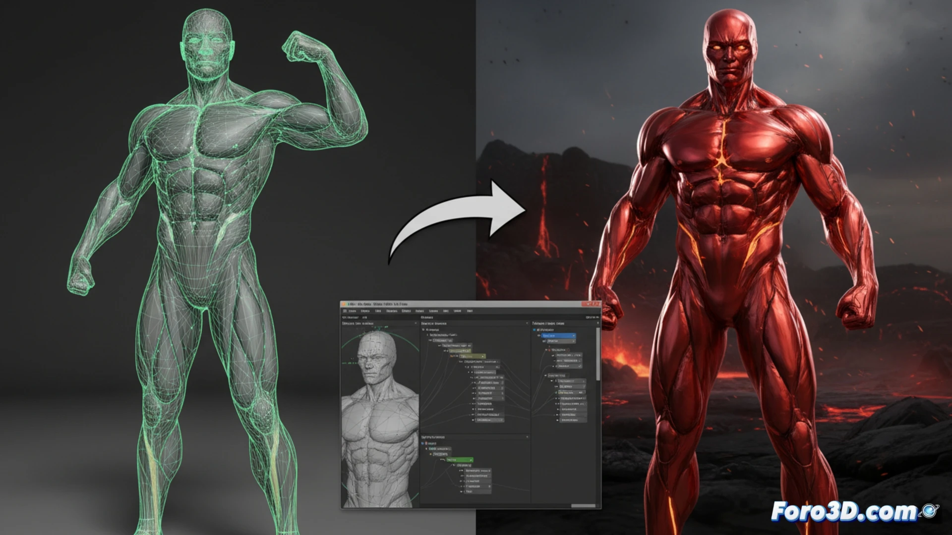 Modelado 3D de Mettle, humanoide digital con piel de metal orgánico rojo, anatomía realista y shaders metálicos.