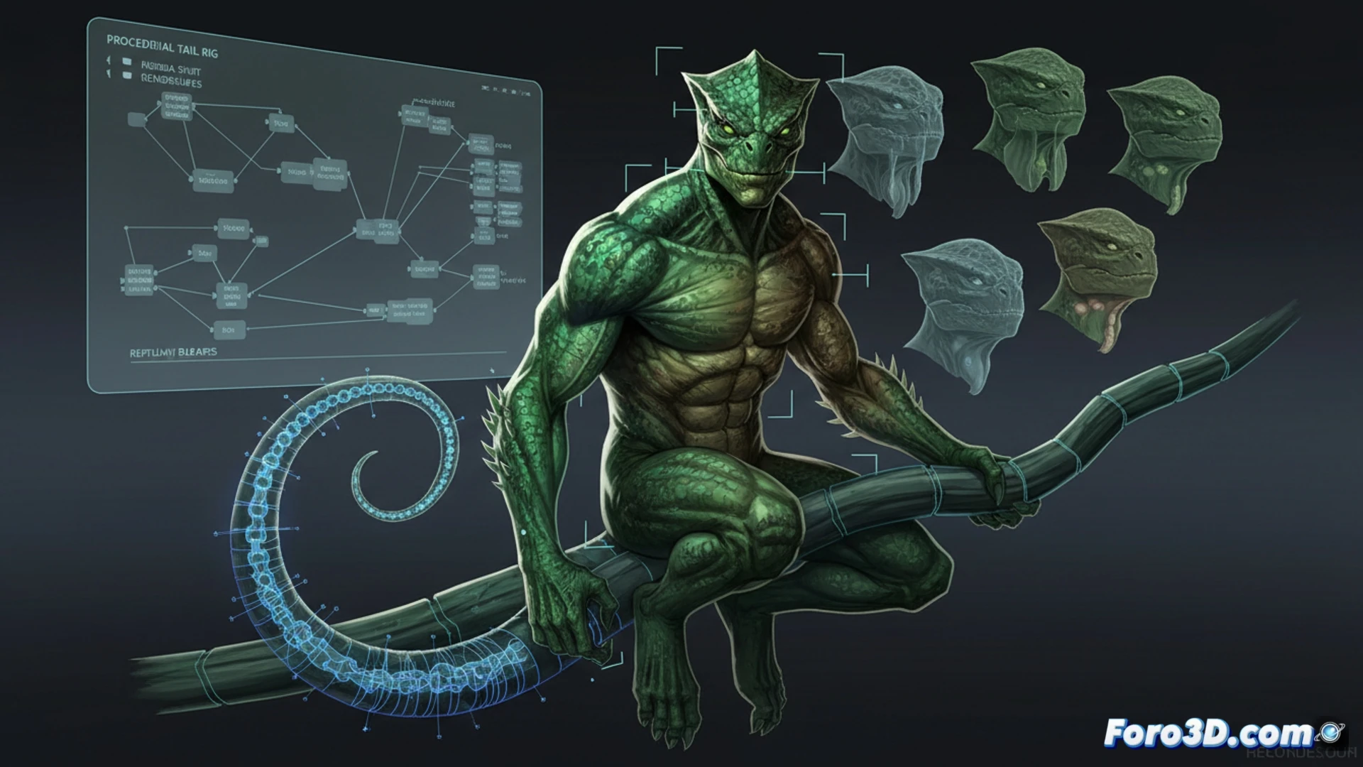 Modelado 3D de Anole mutante reptiliano Marvel con textura escamosa, cola prensil y shaders de camuflaje dinámico