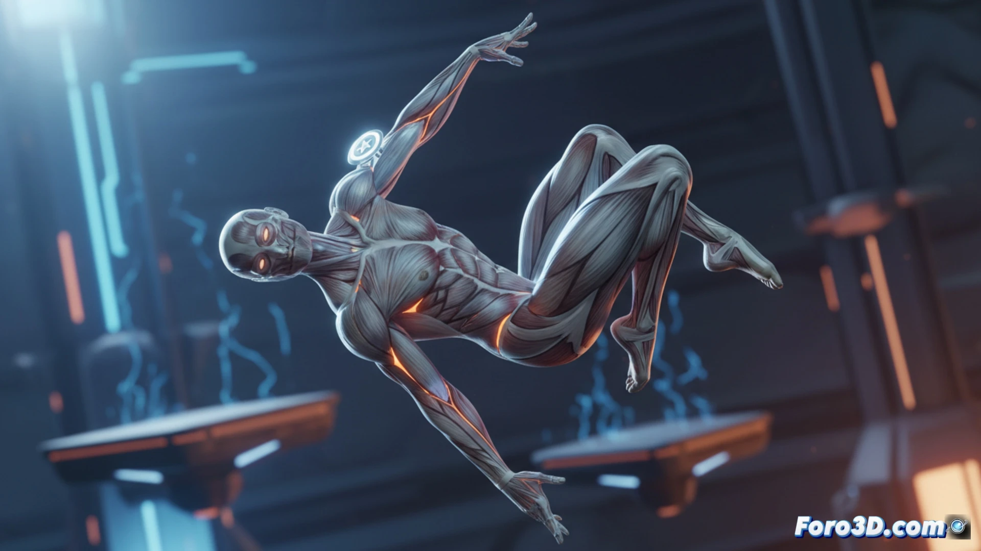 Modelado 3D de Espíritu Libre, humanoide digital con rigging para acrobacias y simetría muscular de gimnasta de élite