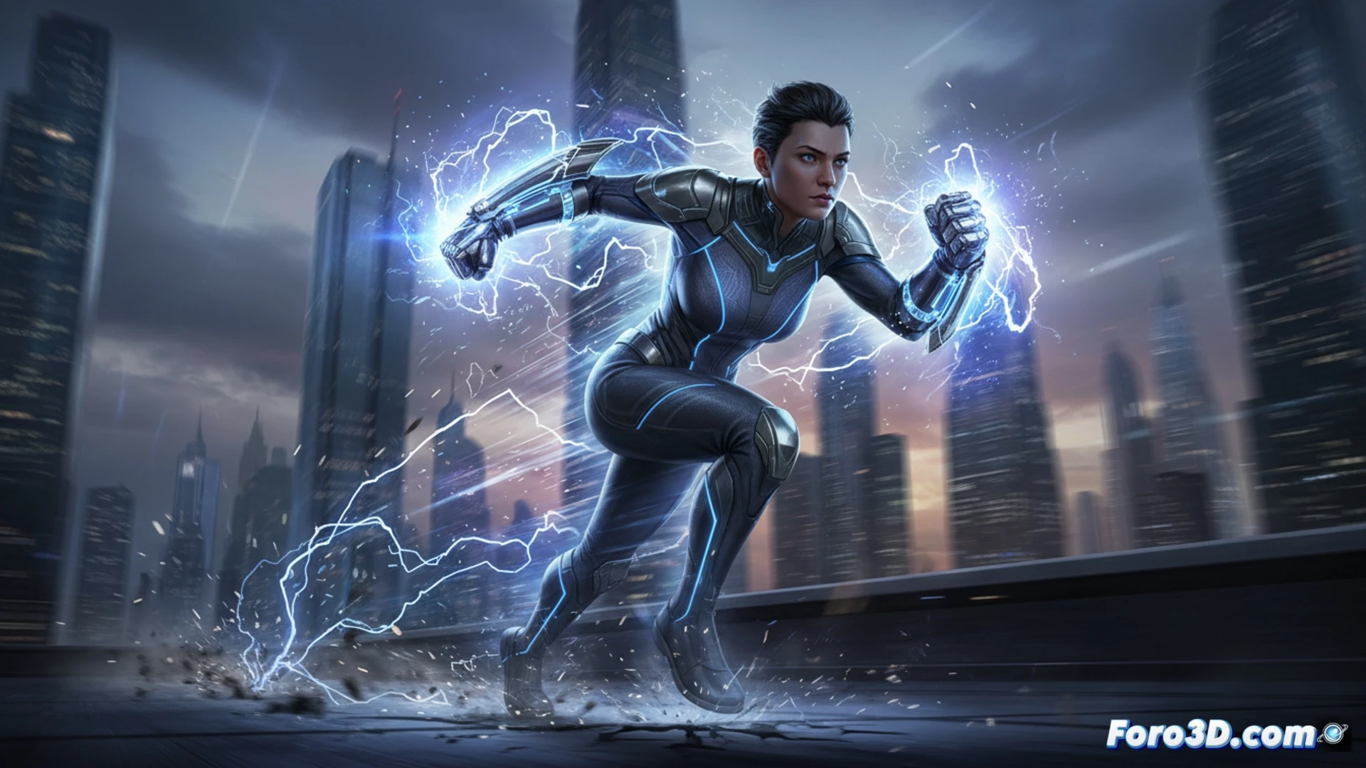 Surge modelo 3D guanteletes electricidad azul animacion supervelocidad combate Marvel videojuego