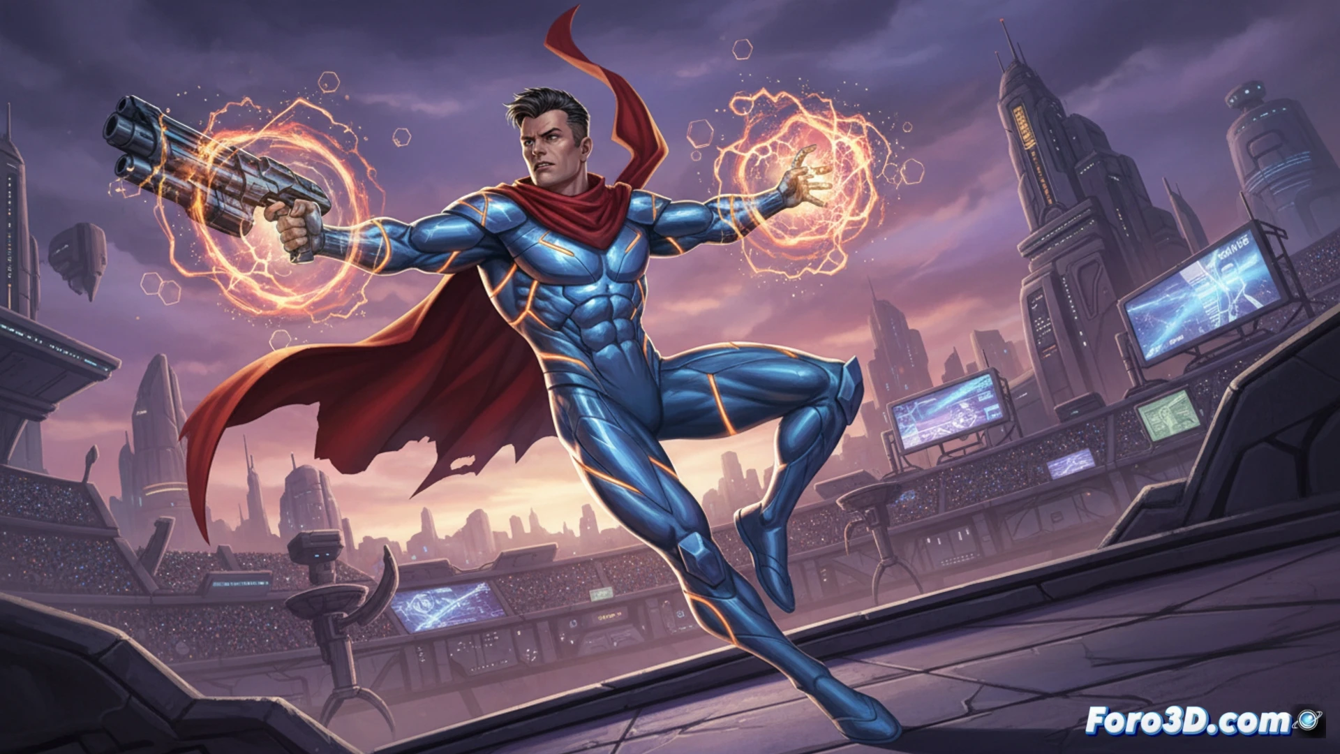 Longshot personaje Marvel modelado 3D con armadura alienígena y peinado puntiagudo en pose acrobática