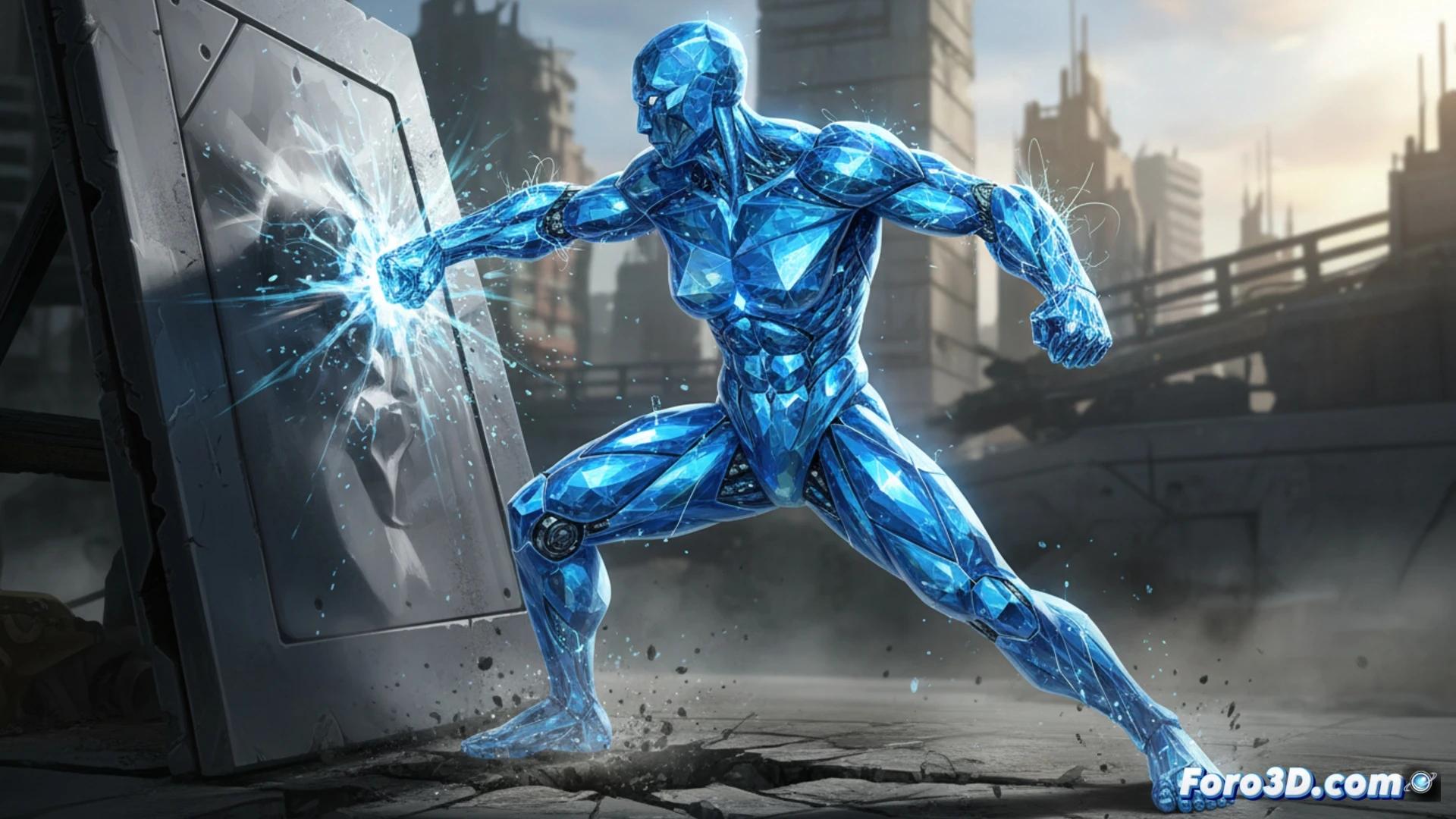 Blue Diamond personaje Marvel con shaders de diamante y rigging extremo en render 3D realista