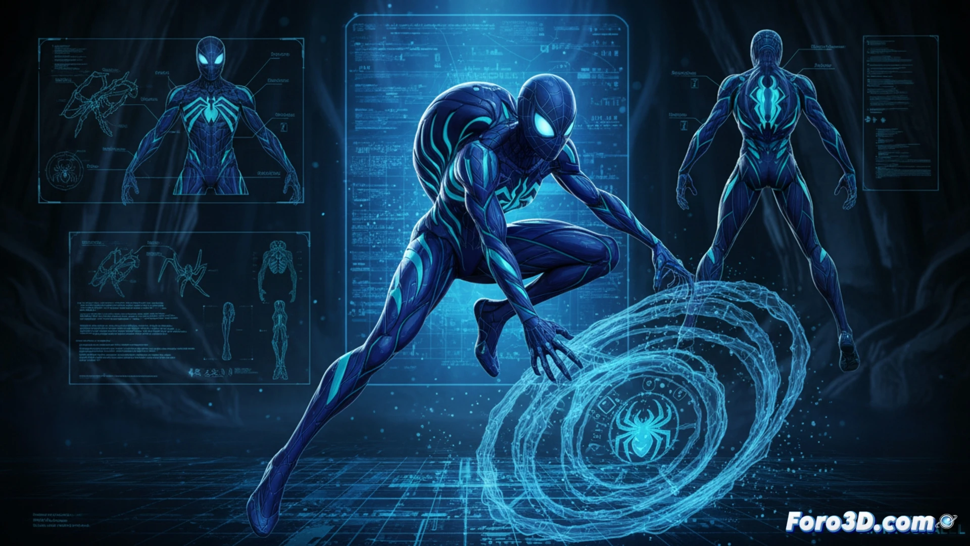 Modelado 3D de Araña Anya Corazon con exoesqueleto azul brillante y rigging para animación de superhéroes Marvel