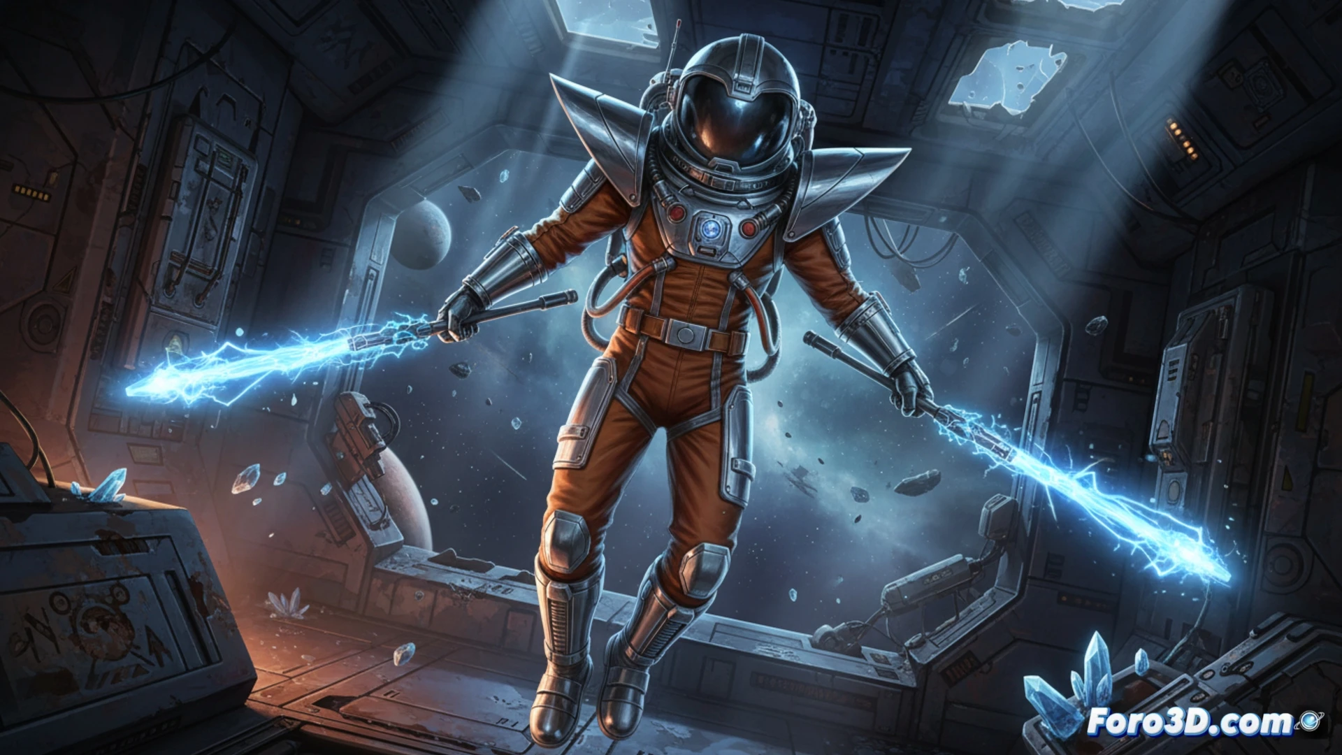 Arcturus Rann modelado 3D con hombreras, cinturón de utilidades y casco retro-futurista para videojuego de acción espacial