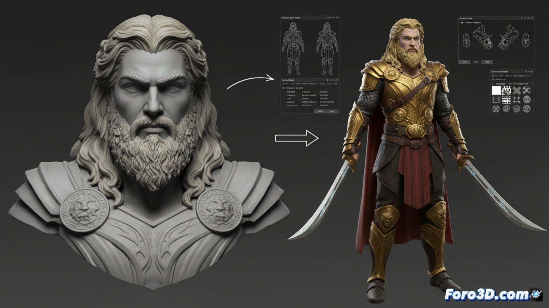 Fandral el Apuesto con armadura asgardiana detallada y capa roja, espada florete en mano, listo para videojuego 3D.