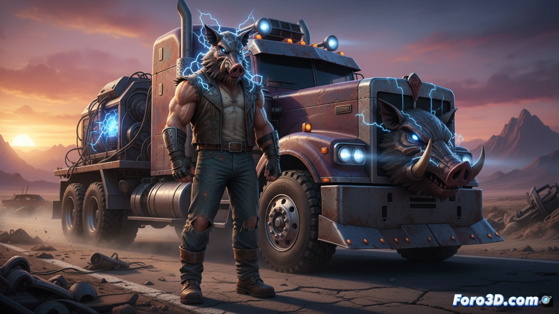 Modelado 3D de Razorback Marvel con casco electrificado y camión texturizado PBR para videojuegos