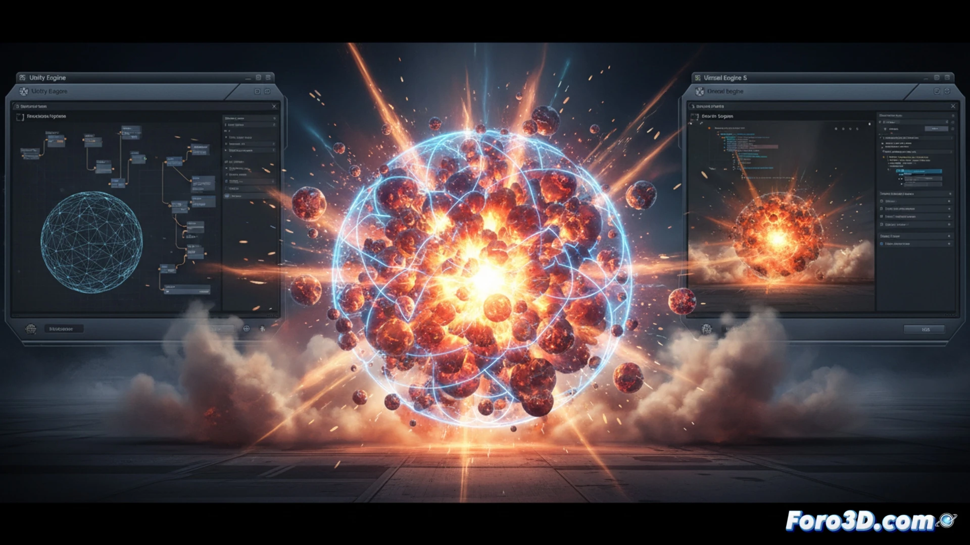 Esferas de energía explosiva de Boom-Boom con partículas brillantes y ondas de choque en escena 3D
