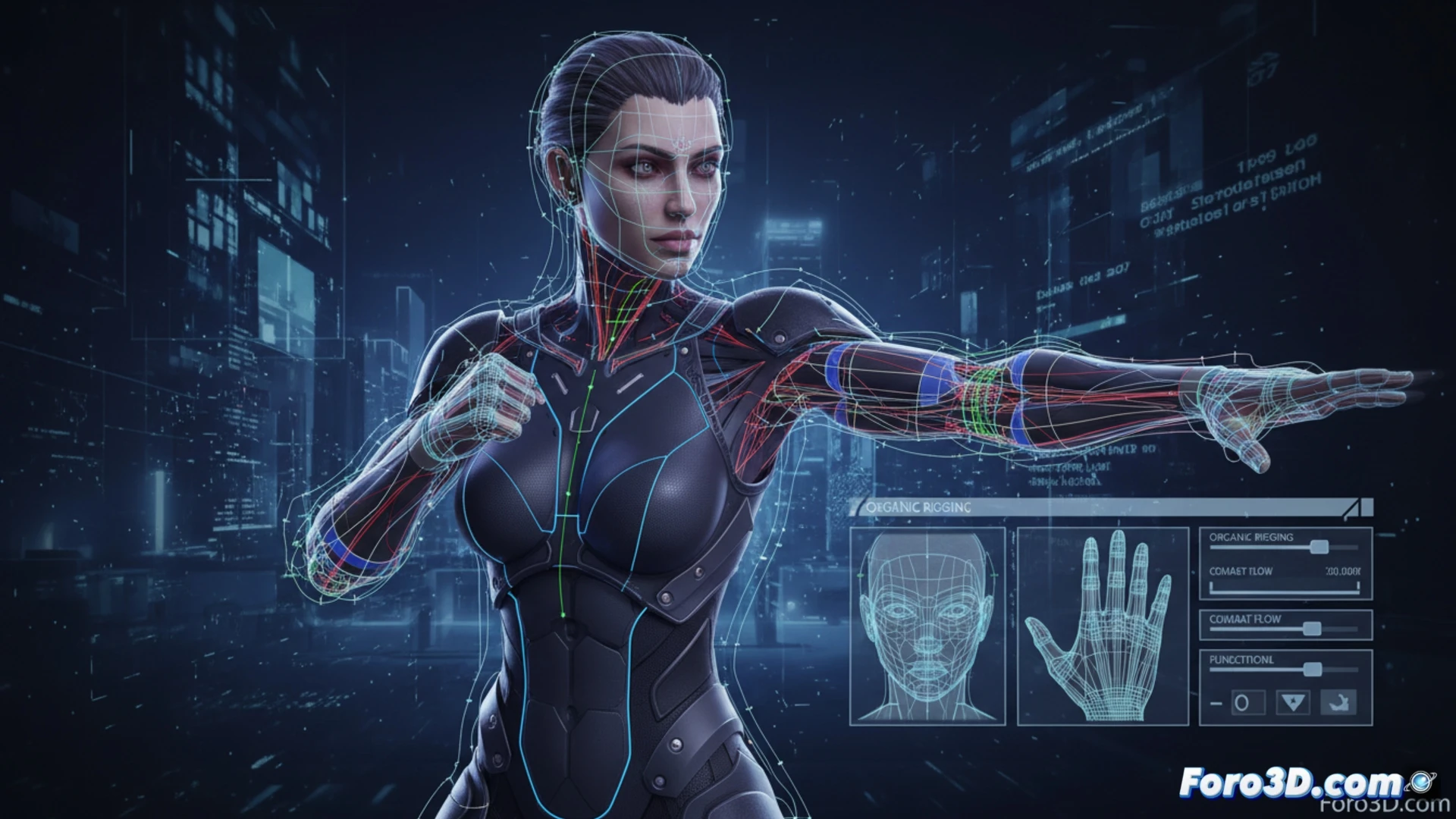 Modelado 3D de Finesse, humanoide digital con rigging para combate y animación facial fría y calculada
