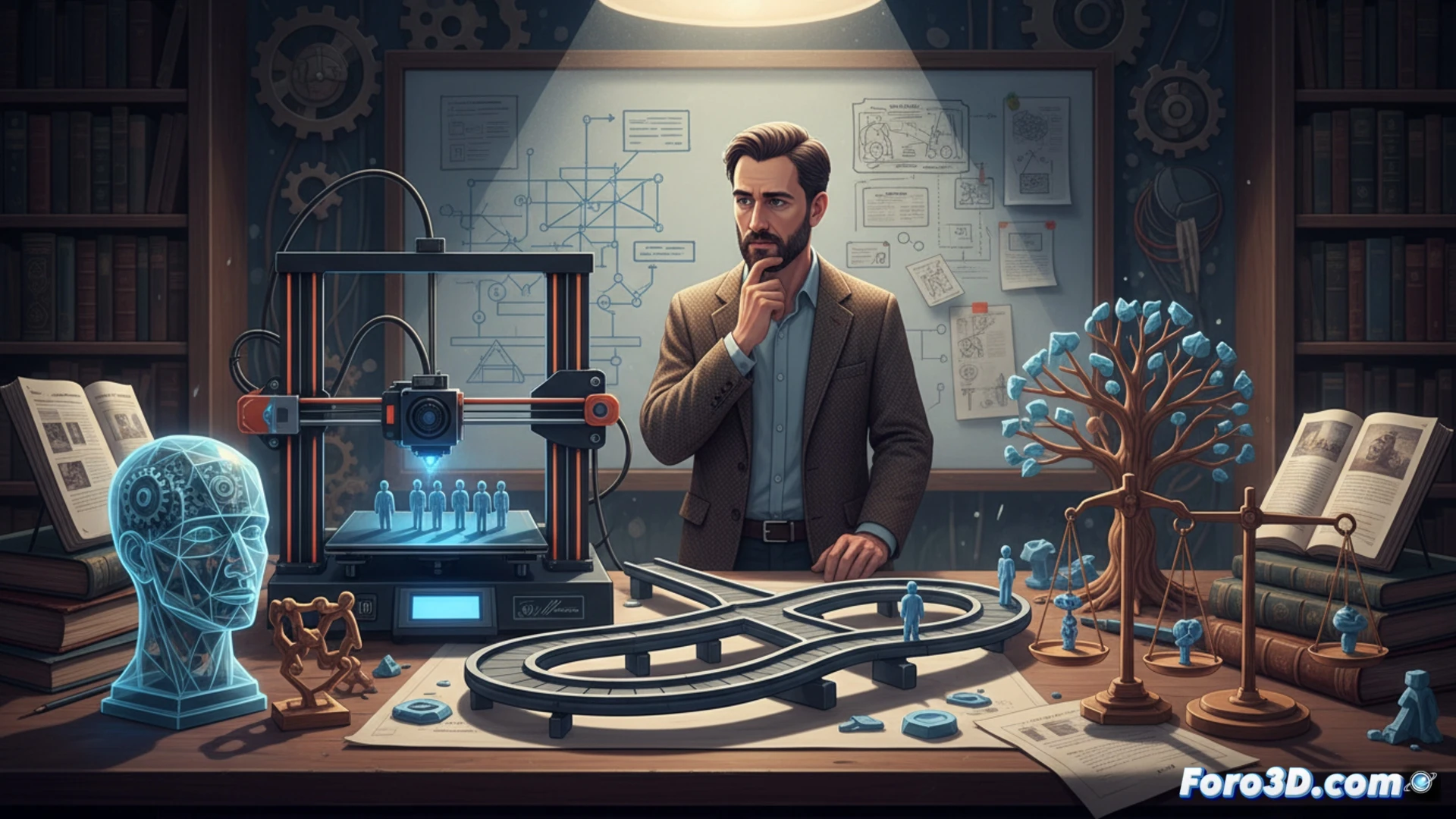 Descripción detallada para la imagen (80-120 caracteres):  
Un filósofo sostiene un modelo 3D del dilema del tranvía, con vías, vagones y figuras impresas, sobre una mesa con planos digitales y una impresora 3D al fondo.