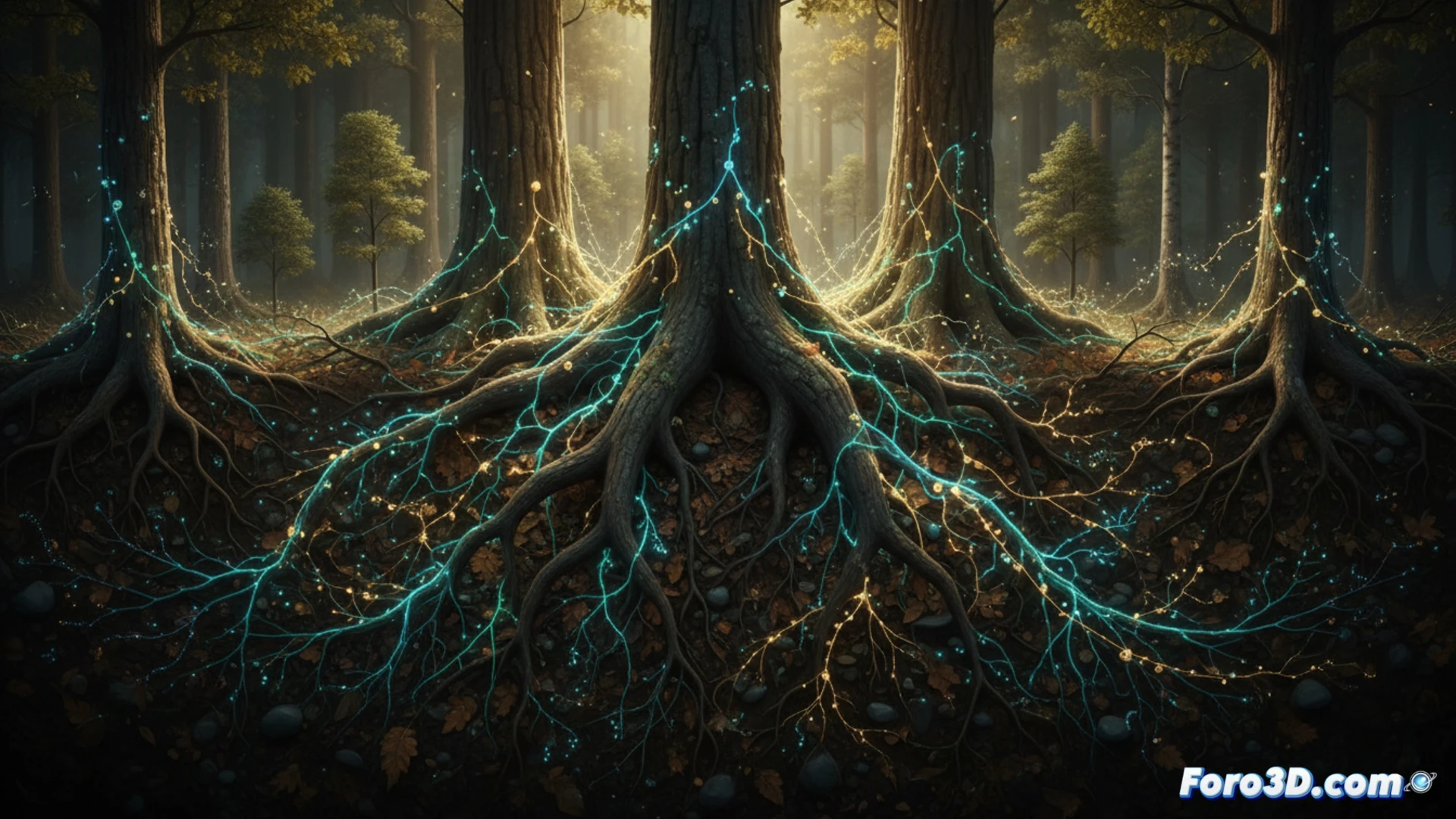 Modelo 3D de red de micorrizas conectando raíces de árboles en un bosque subterráneo iluminado