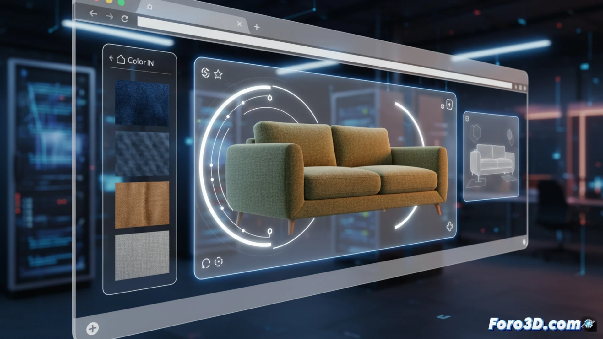Descripción: Escena web interactiva donde un sofá 3D rota en tiempo real; cursor mueve y acerca el modelo sobre fondo limpio con interfaz minimalista.