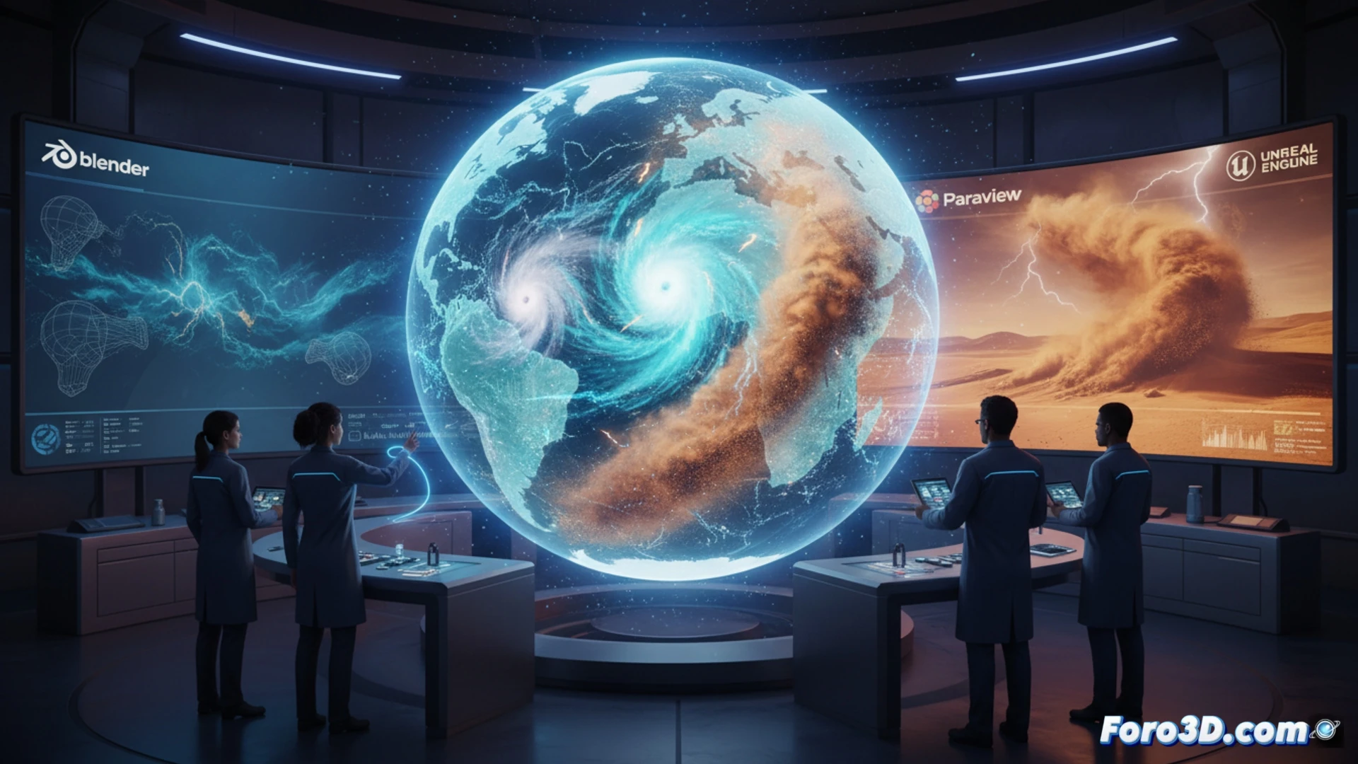 Descripción detallada (80-120 caracteres):  
Un climatólogo gira un modelo 3D translúcido de la atmósfera, con nubes volumétricas, corrientes oceánicas azules y una tormenta de polvo naranja del Sahara hacia el Atlántico, sobre un fondo oscuro de datos científicos.