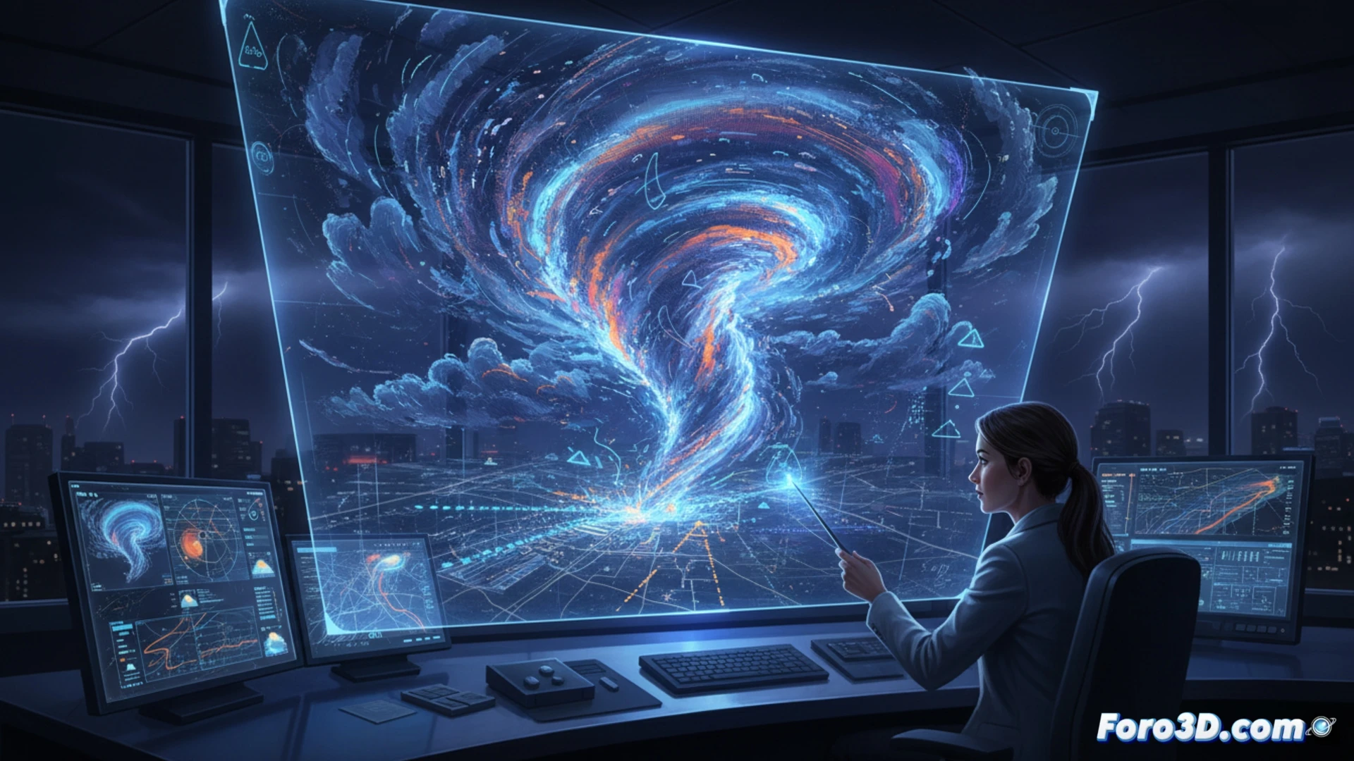 Panel de meteorólogo con modelo 3D de supercélula: nubes, rayos y corrientes de viento en volumen sobre mapa topográfico.